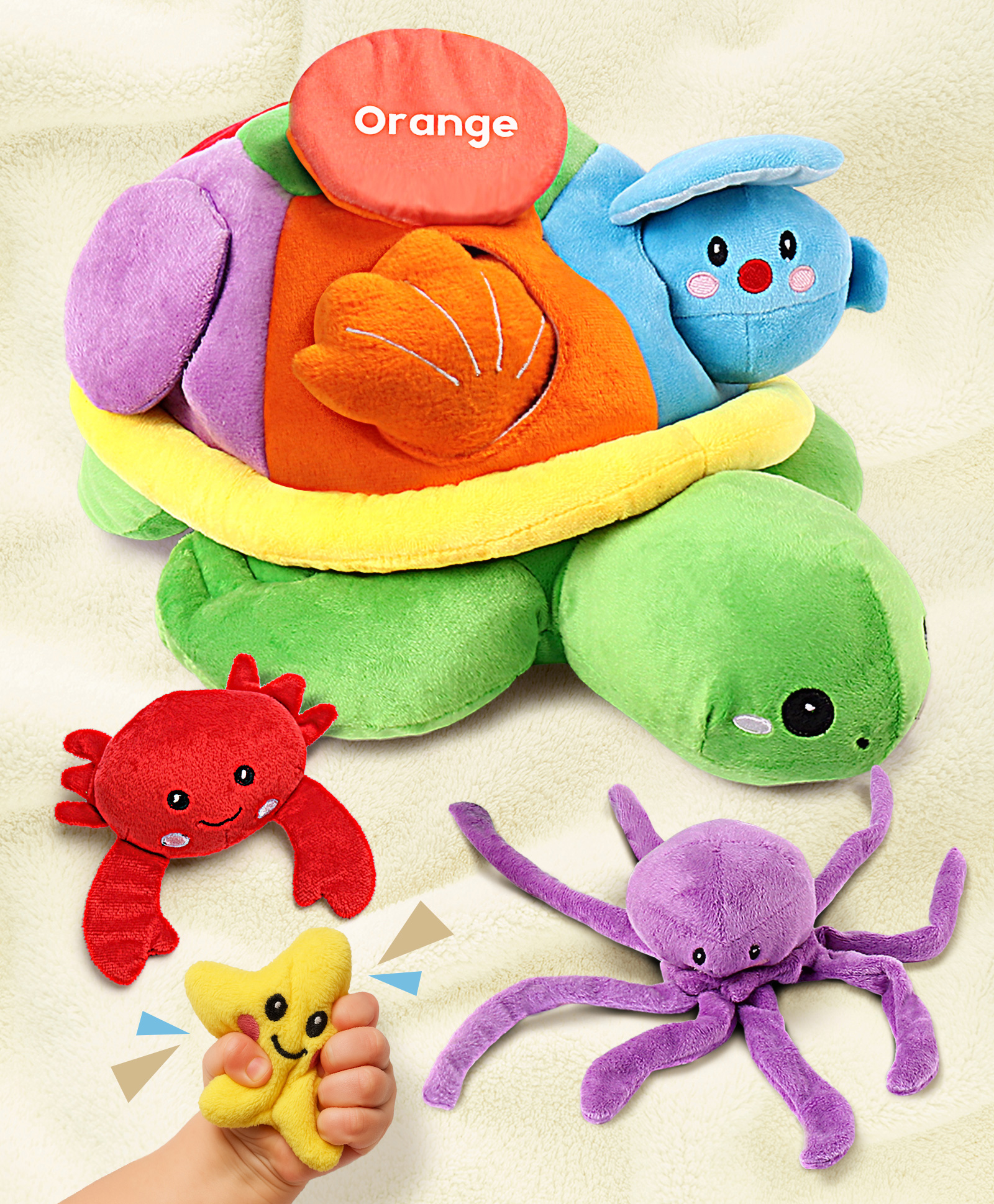 Bonfino Turtle Stuffed Animals Baby Activity Soft Toys 6 PCS | Crinkle and Rattle Sound Green - Height 17 cm