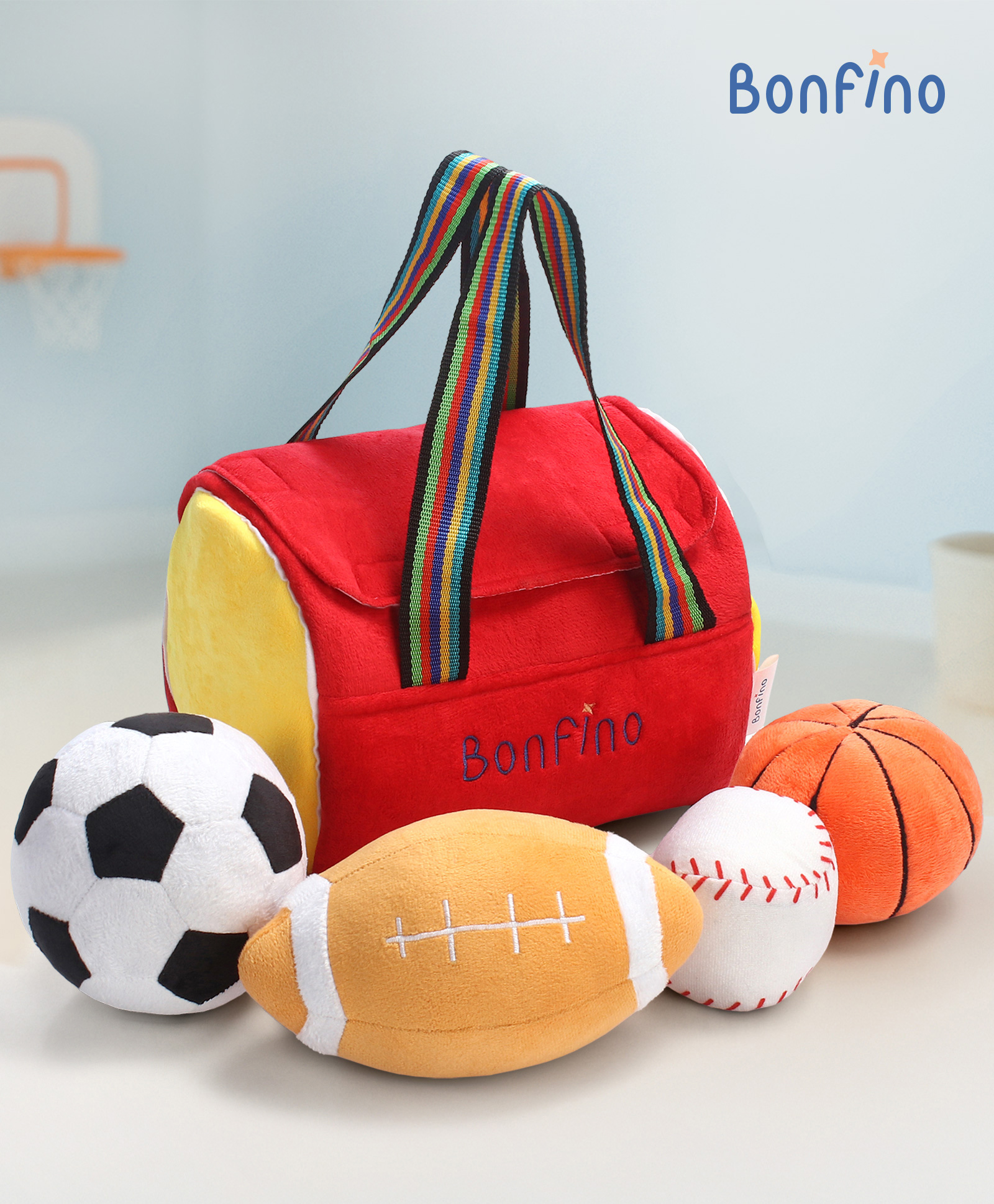 Bonfino My First Sport Bag 5 Pcs Ball| Baseball, Basketball, Soccer Ball and Football | Rattle and Crinkle Sound Red - Height 17 cm