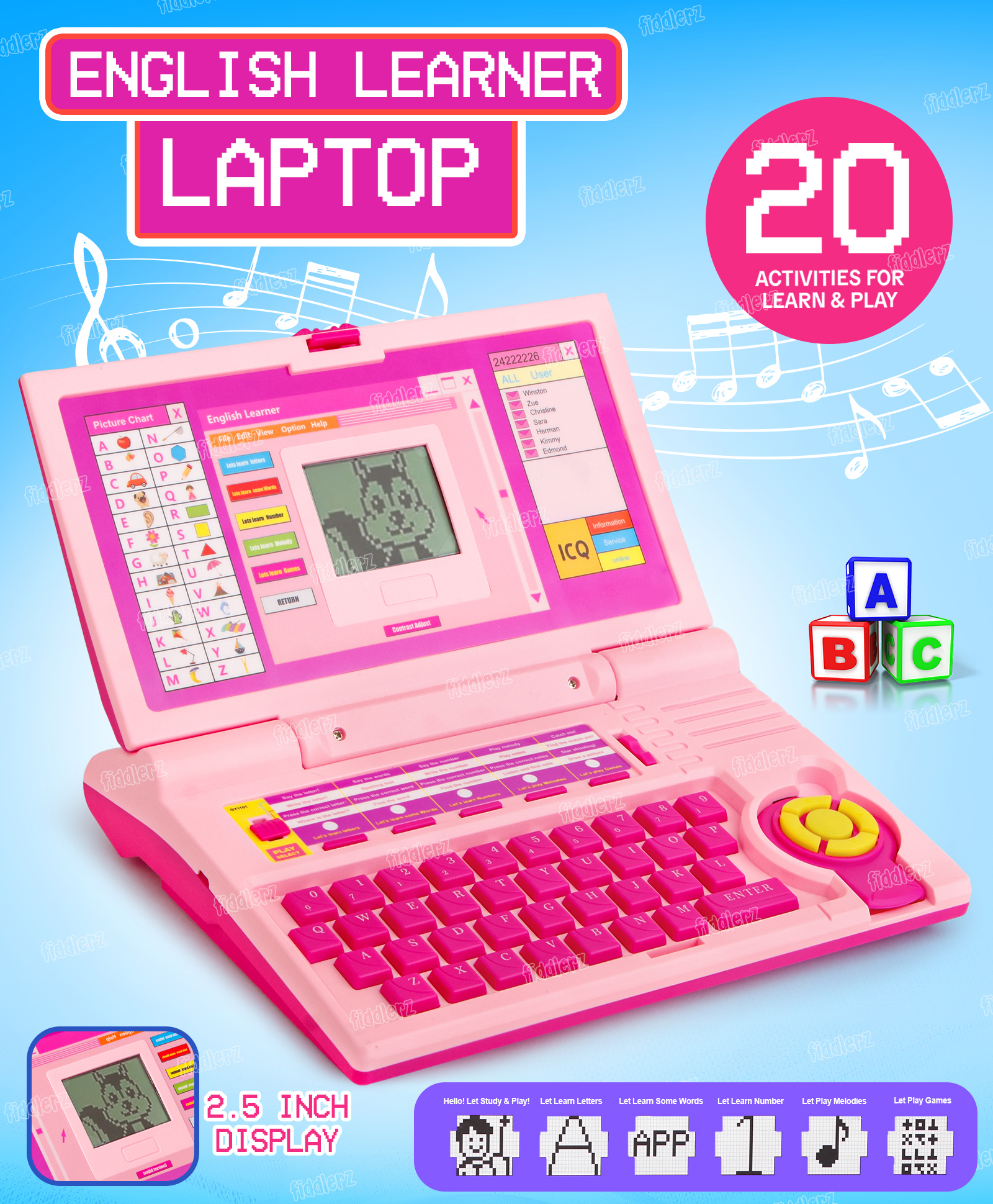 Fiddlerz Educational Laptop Toy for Kids with 20 Learning Activities Alphabet Words Numbers Games Music with Mouse for Boys and Girls (Ages 3+) Pink-image-5