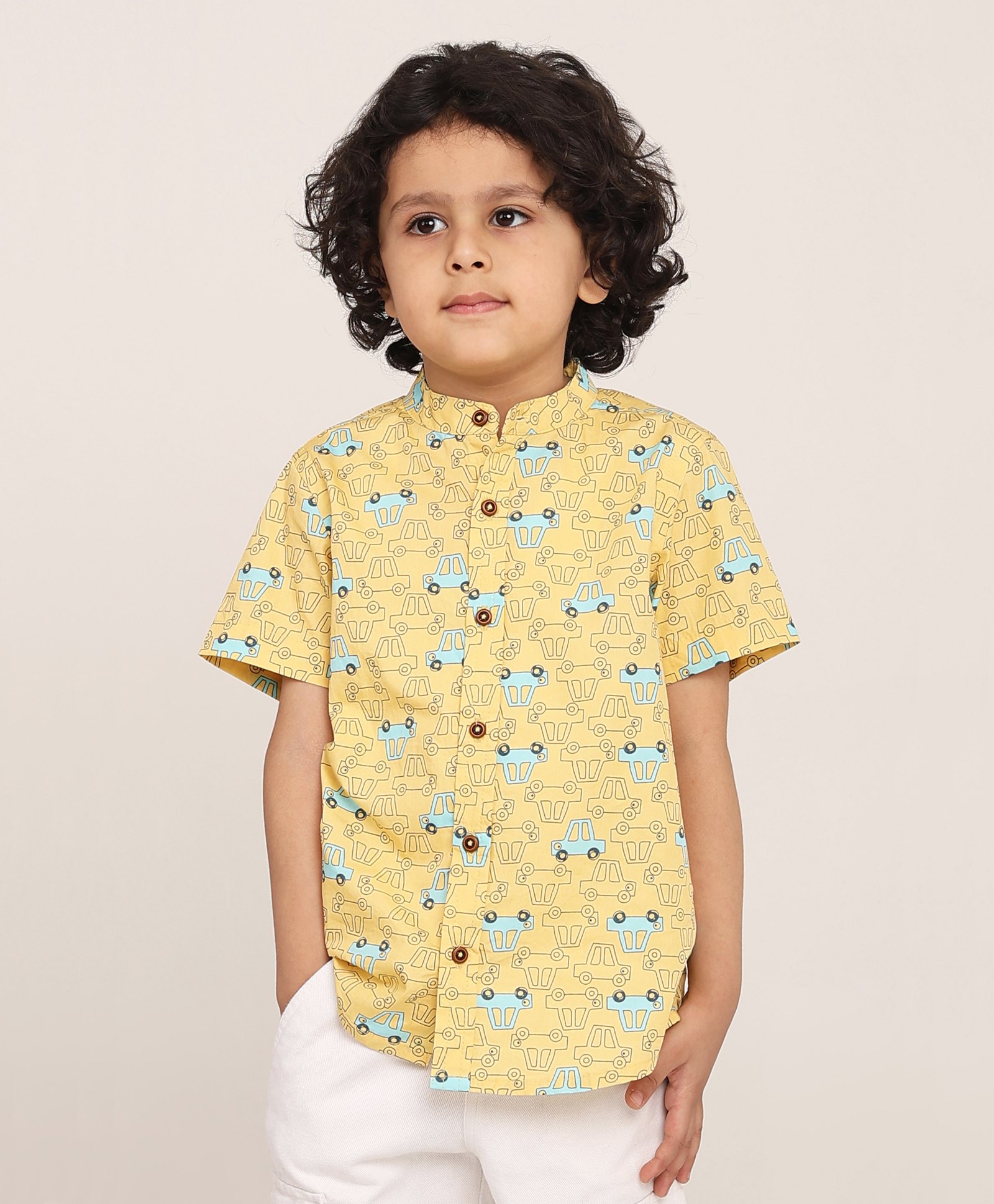 Campana 100% Cotton Woven Half Sleeves Busy Cars Printed Shirt With Mandarin Collar - Light Yellow-image-35
