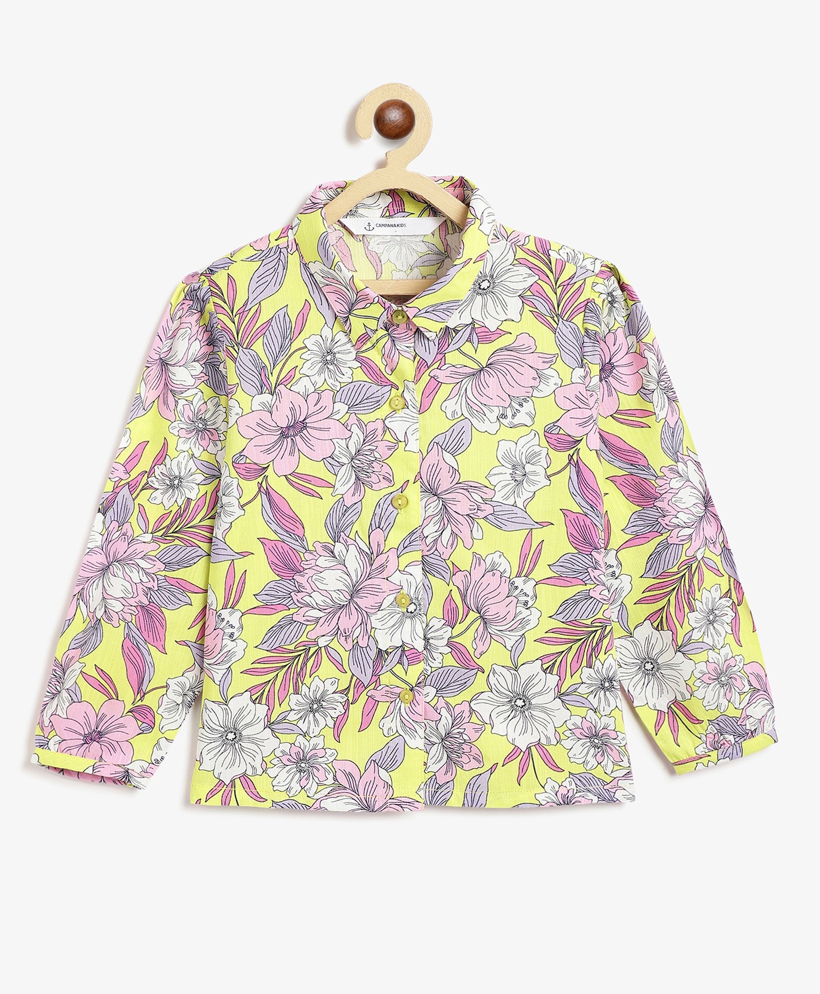 Campana Rayon Woven Full Sleeves Tropical Floral Printed Shirt Style Top - Yellow & Pink-picture-42