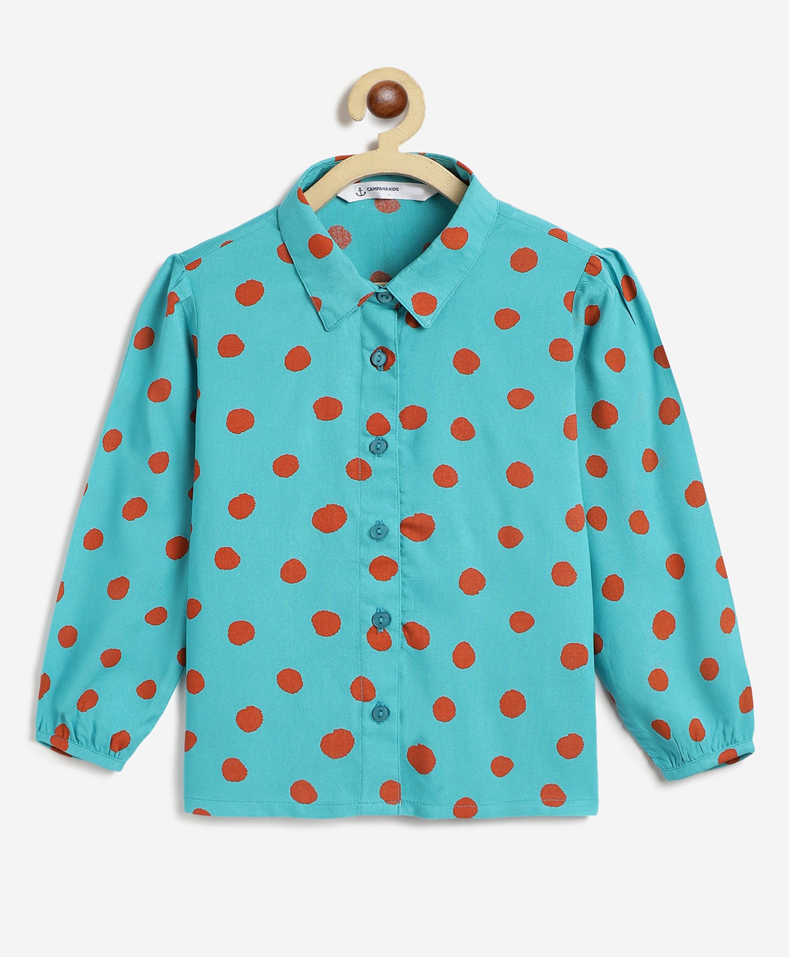 Campana Rayon Woven Full Sleeves Polka Dots Printed Shirt Style Top - Teal & Orange-image-29