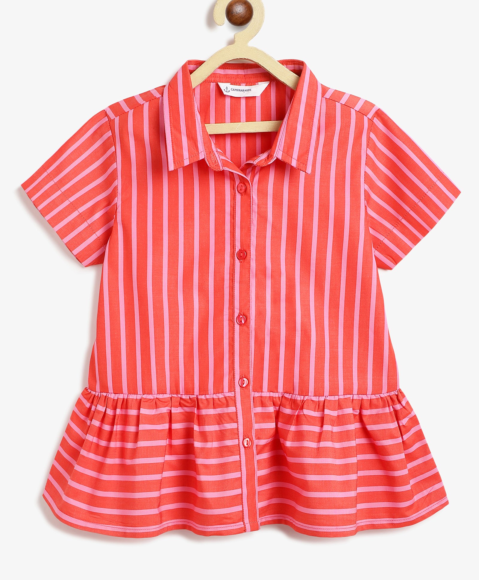 Campana 100% Cotton Woven Half Sleeves Striped Peplum Top - Red & Pink-image-49