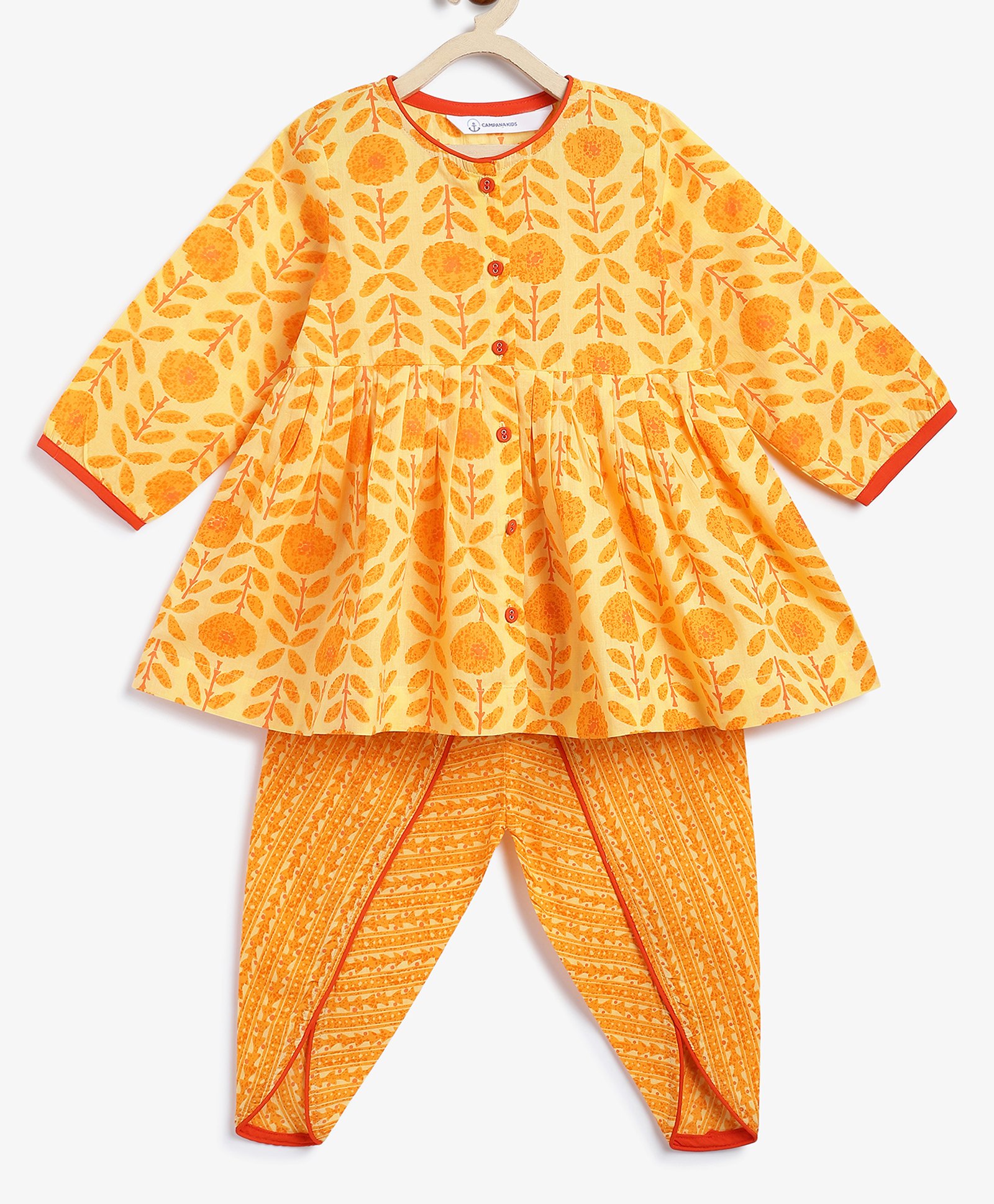 Campana 100% Cotton Woven Marigold Printed Kurti With Dhoti Pants Set - Yellow-picture-17