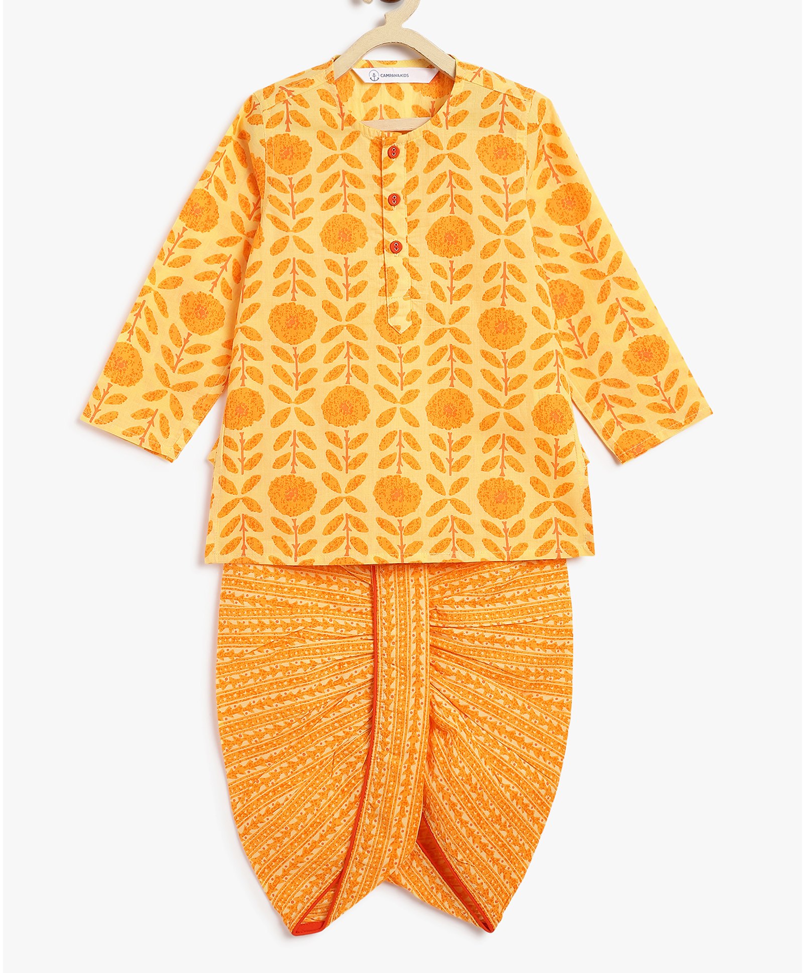 Campana 100% Cotton Woven Marigold Printed Dhoti Kurta Set - Yellow-picture-29