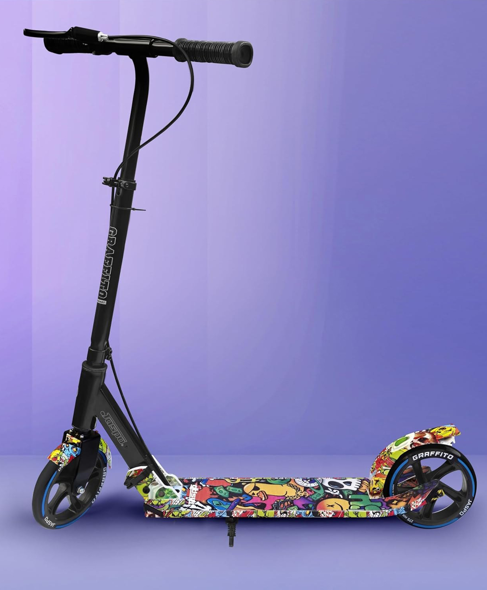 Jaspo Fervid Vx-300 Aluminum Kick Scooter 175Mm Pu Wheels, Weight Limit 120 Kg,Front Rear Brakes,Grip Surface,for Tar Roads,3 Size Adjustments for Kids Youth & Adults (Graffito, Blue)