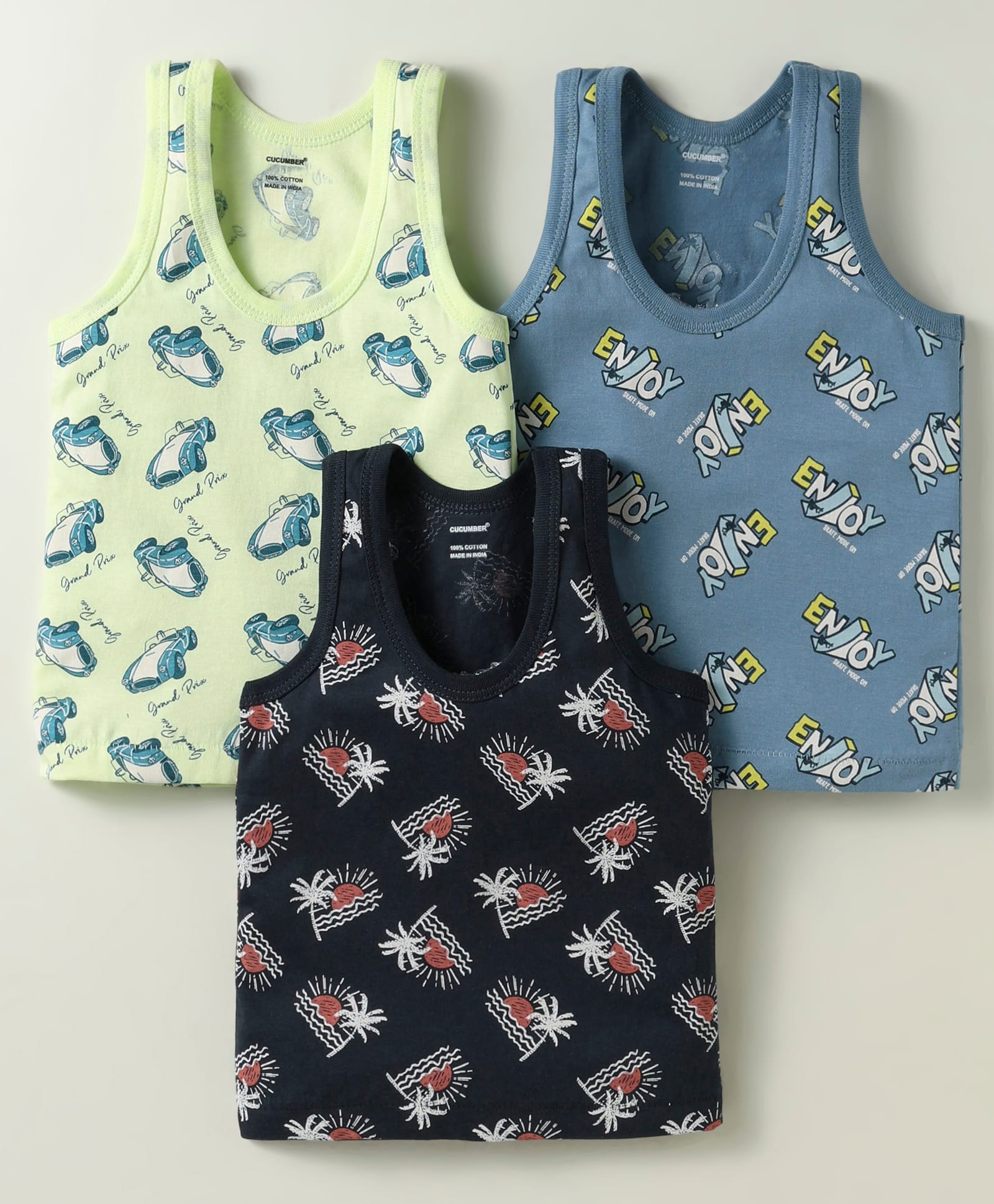 CUCUMBER Sinker Knit Sleeveless Vests With Vehicle & Tropical Theme Print Pack Of 3 - Black Light Green & Light Blue-image-33