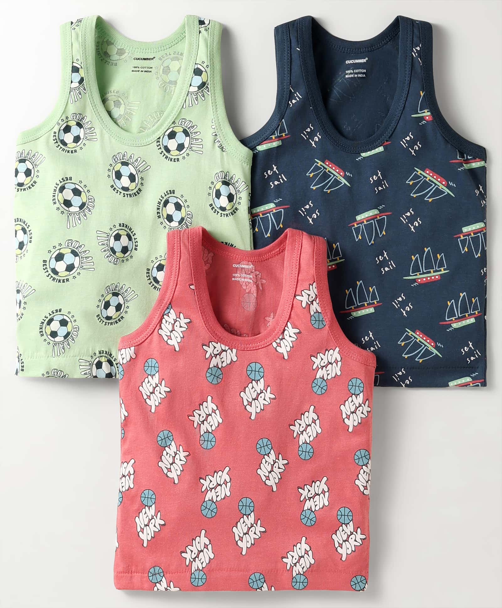 CUCUMBER Sinker Knit Sleeveless Vests With Football & Tropical Theme Print Pack Of 3 - Navy Blue Light Green & Light Red-image-41