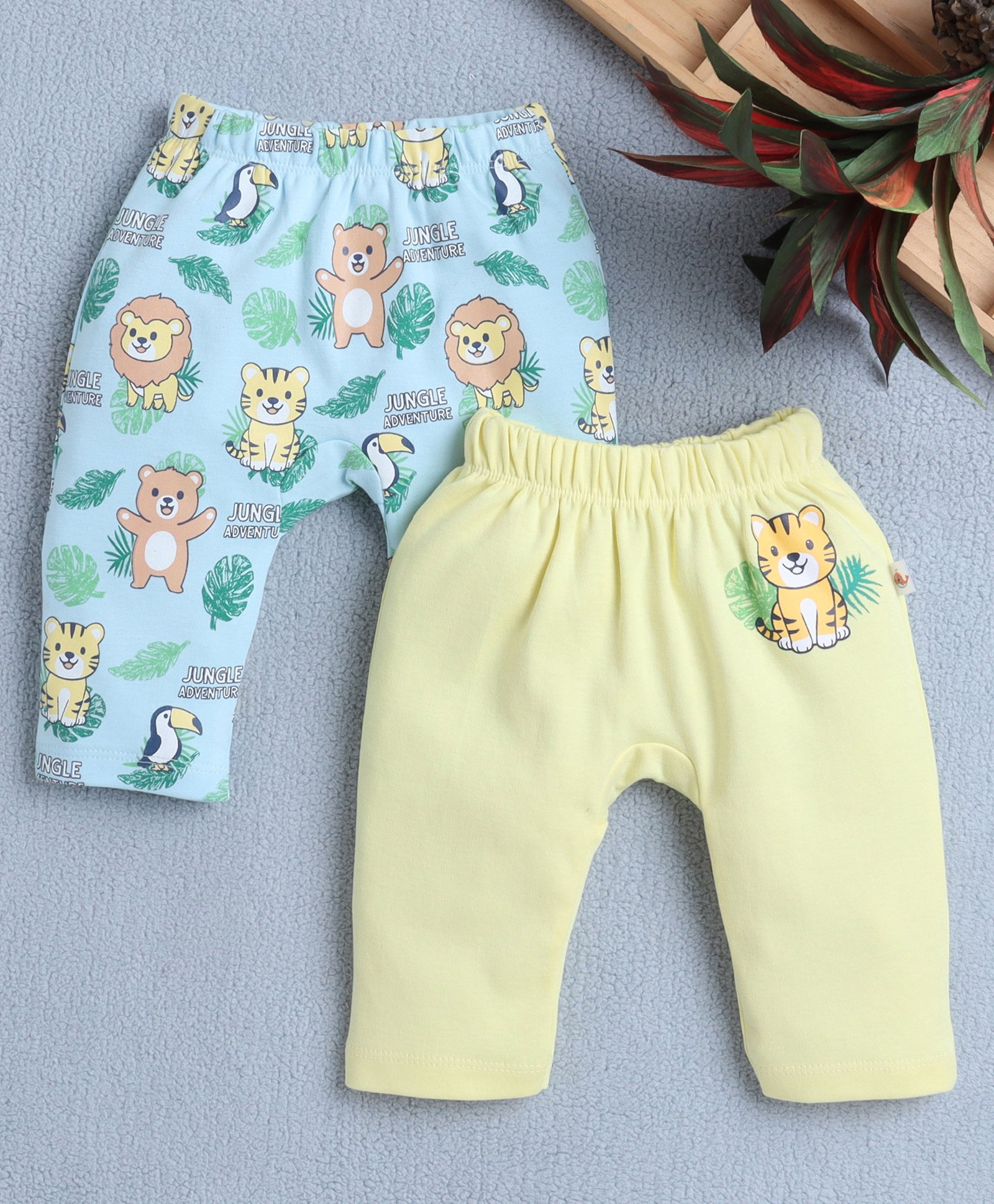 BUMZEE Cotton Knit Full Length Diaper Leggings With Animal & Birds Print Pack Of 2 - Light Blue & Yellow