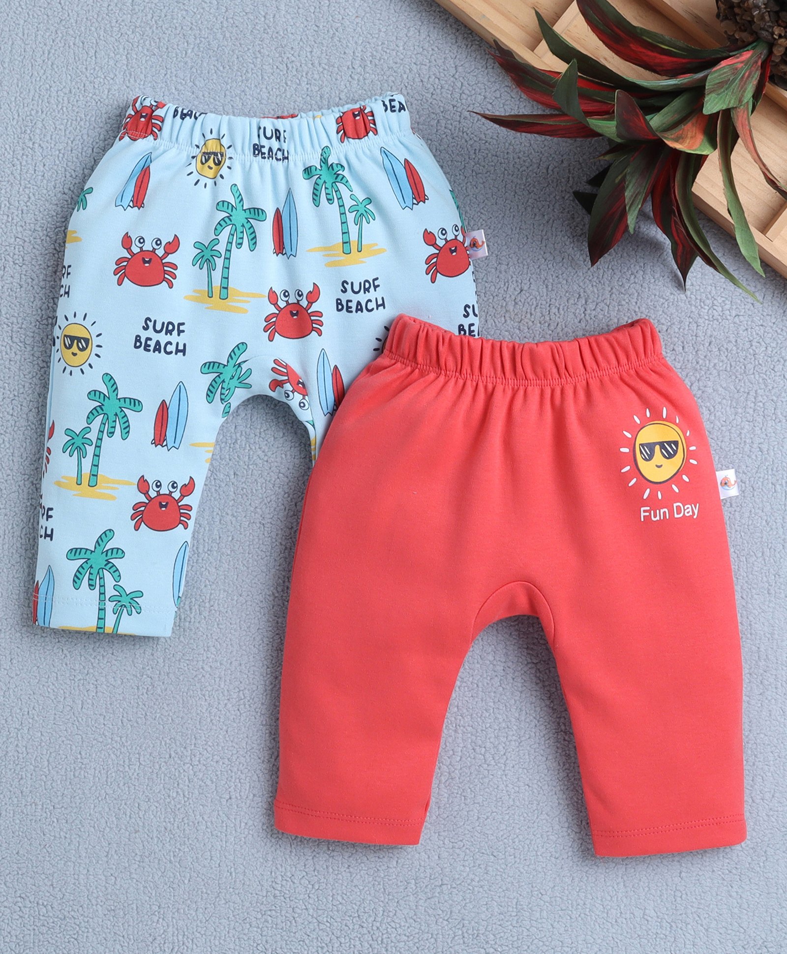 BUMZEE Cotton Knit Full Length Diaper Leggings With Beach Theme Print Pack Of 2 - Red & Light Blue-picture-19
