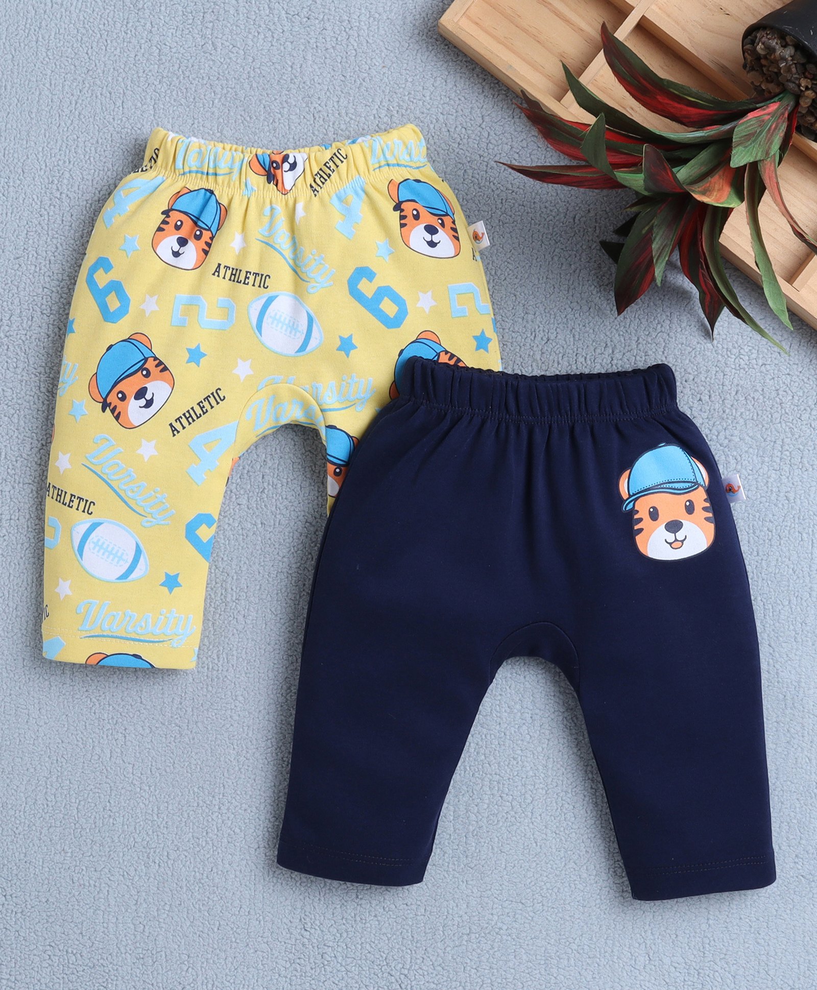 BUMZEE Cotton Knit Full Length Diaper Leggings With Animal Print Pack Of 2 - Yellow & Navy Blue-picture-42