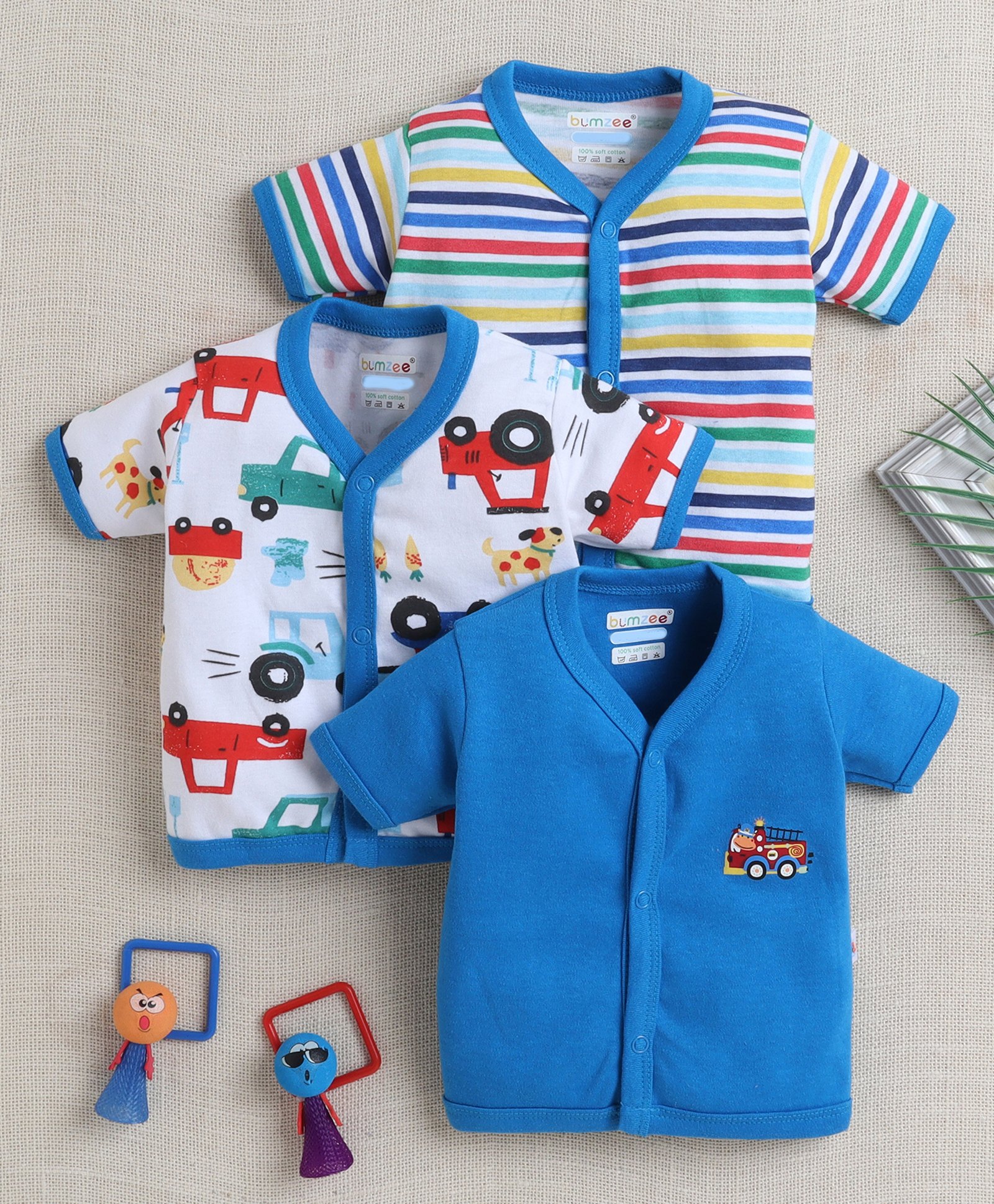 BUMZEE Cotton Knit Front Open Half Sleeves Vehicle Printed & Striped Jhablas Pack Of 3 - Blue White & Light Blue-image-21