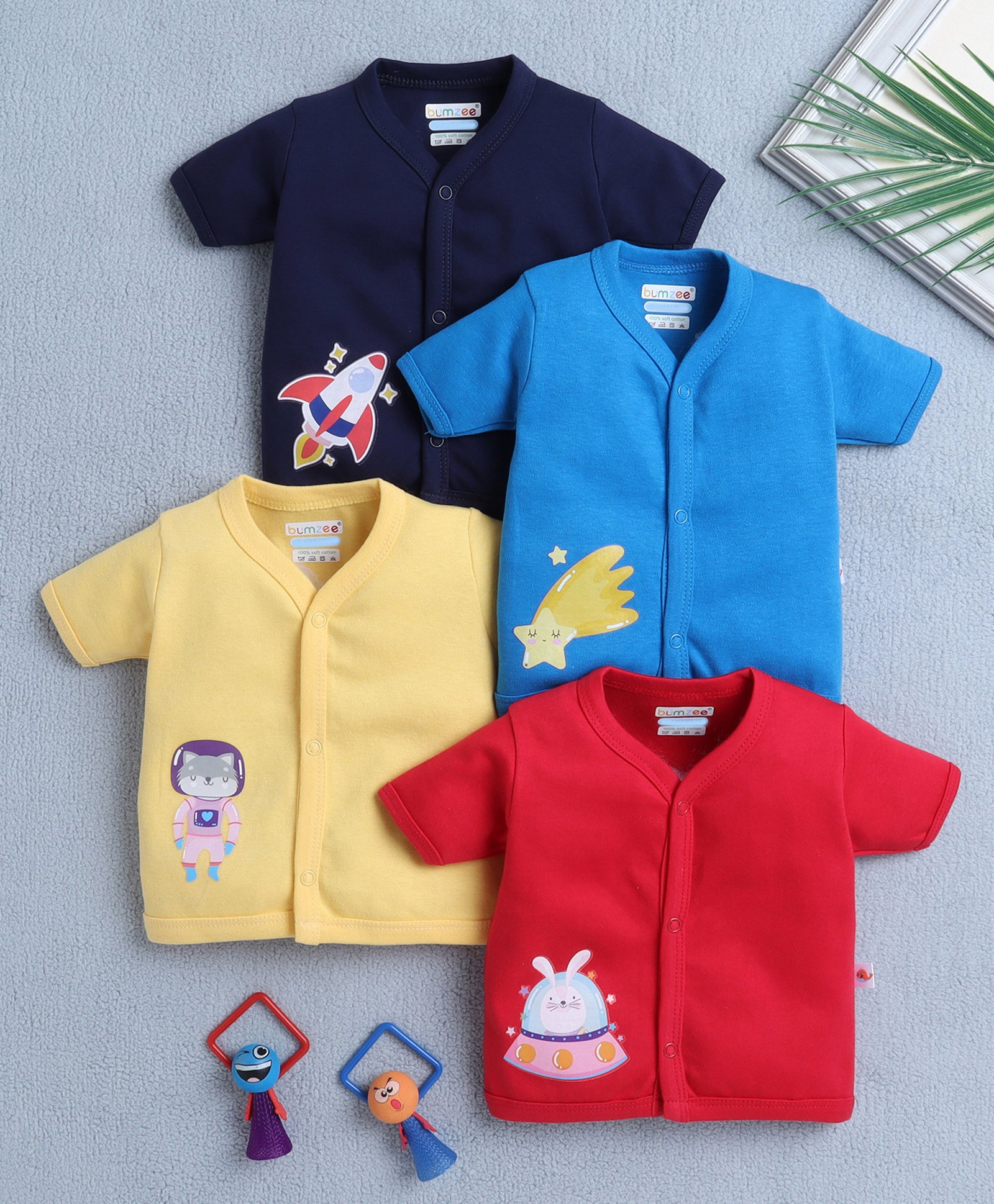 BUMZEE Cotton Knit Front Open Half Sleeves Space Theme Printed Jhablas Pack Of 4 - Navy Blue Red & Yellow-image-23