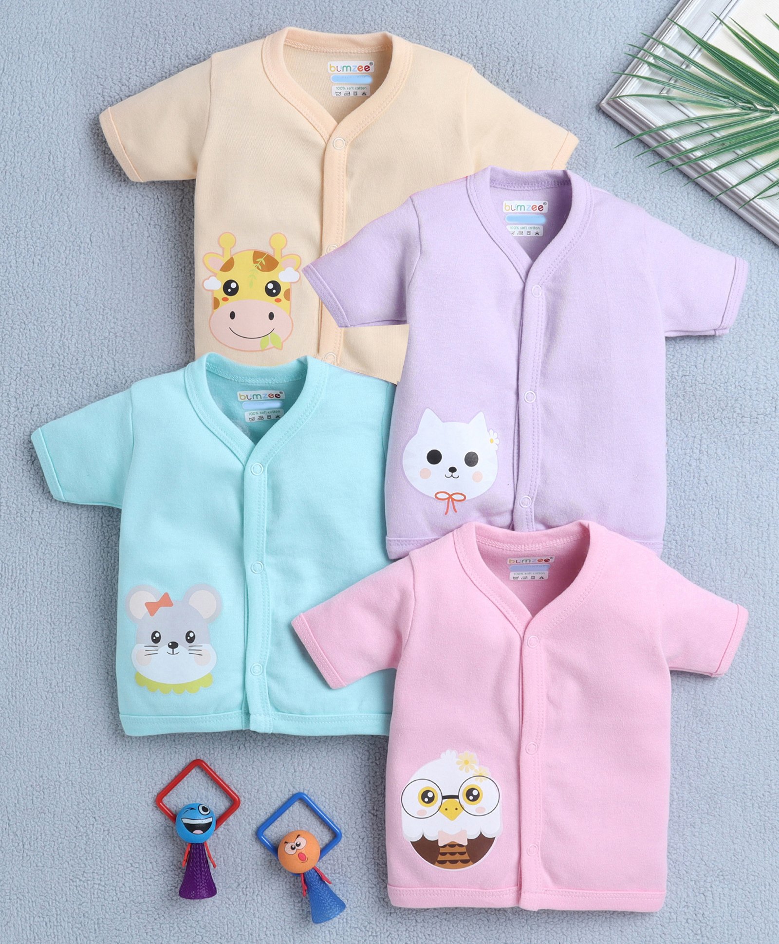 BUMZEE Cotton Knit Front Open Half Sleeves Animal Printed Jhablas Pack Of 4 - Lavender Pink & Light Blue-image-31