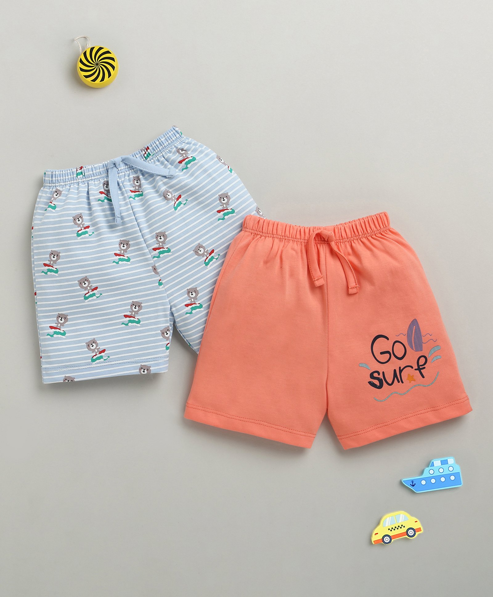 BUMZEE Cotton Knit Above Knee Length Teddy Bear Printed Shorts Pack of 2 - Coral & Light Blue-picture-12