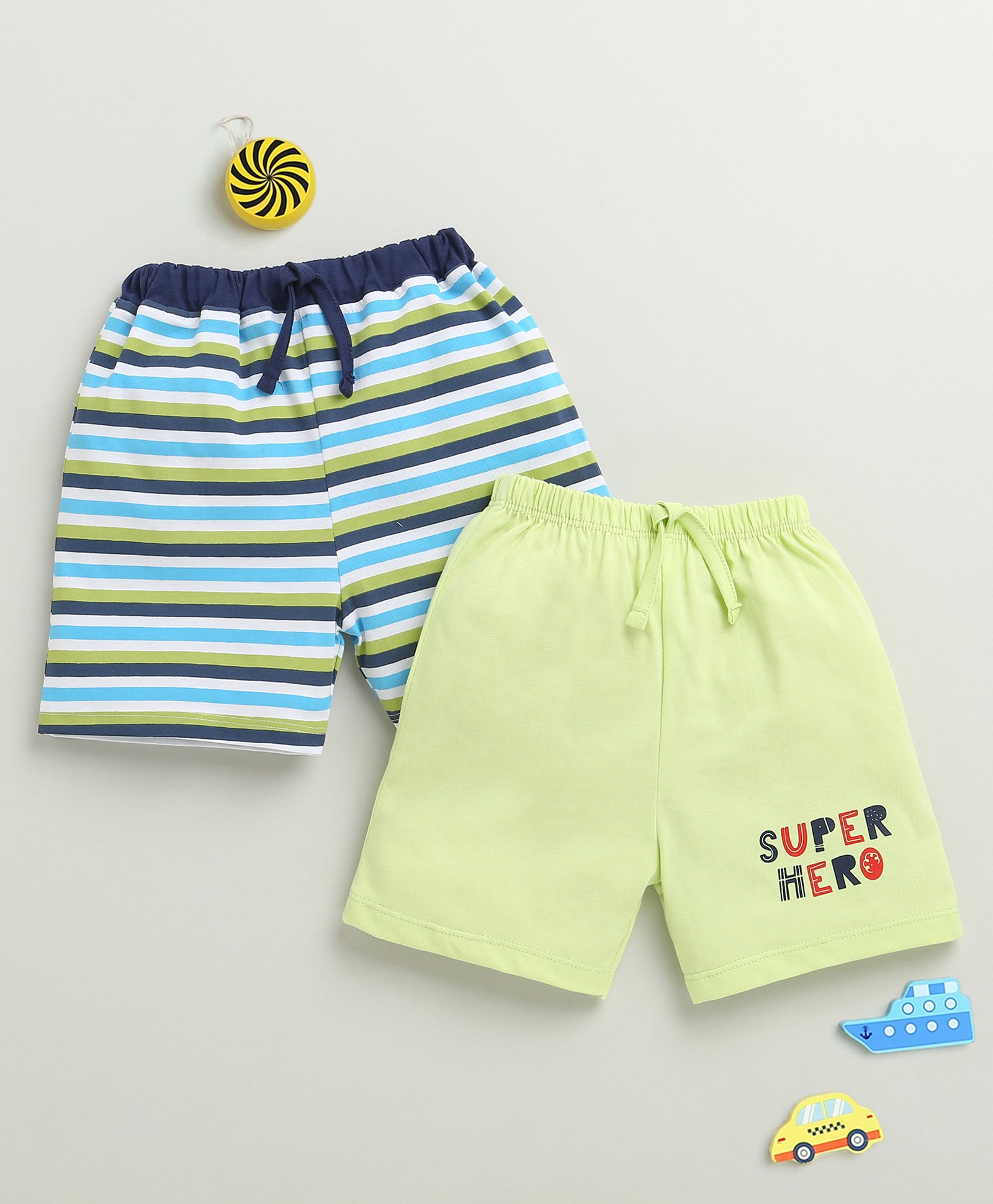 BUMZEE Cotton Knit Above Knee Length Striped & Text Printed Shorts Pack of 2 - Light Green & Multicolor-picture-25