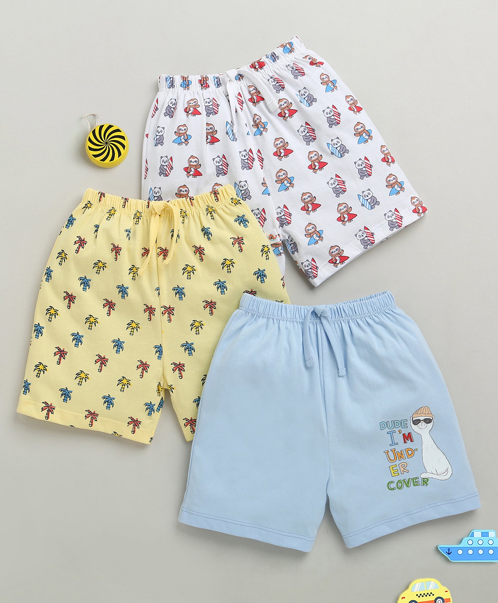BUMZEE Cotton Knit Above Knee Length Palm Tree & Panda Printed Shorts Pack of 3 - Sky Blue Yellow & White-picture-17