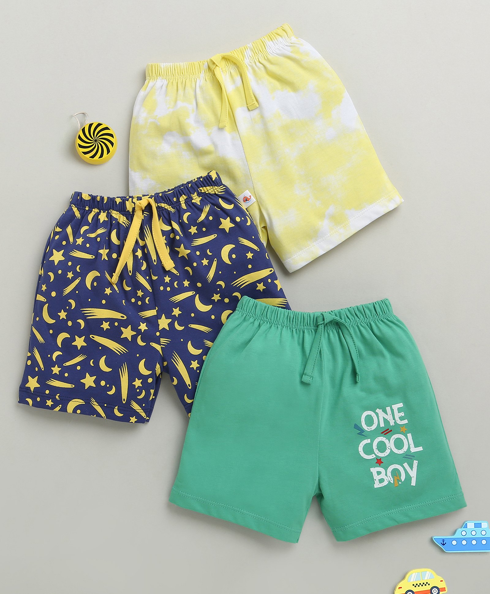BUMZEE Cotton Knit Above Knee Length Tie & Dye With Space Theme Printed Shorts Pack of 3 - Green Navy Blue & Yellow-picture-28