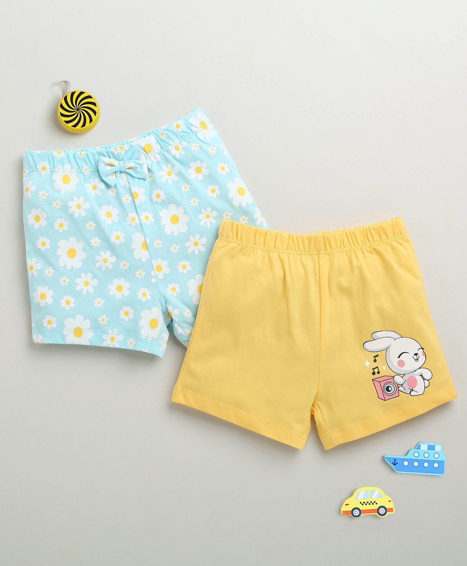 BUMZEE Cotton Knit Above Knee Length Floral & Bunny Printed Shorts With Bow Applique Pack of 2 - Light Blue & Yellow-picture-16