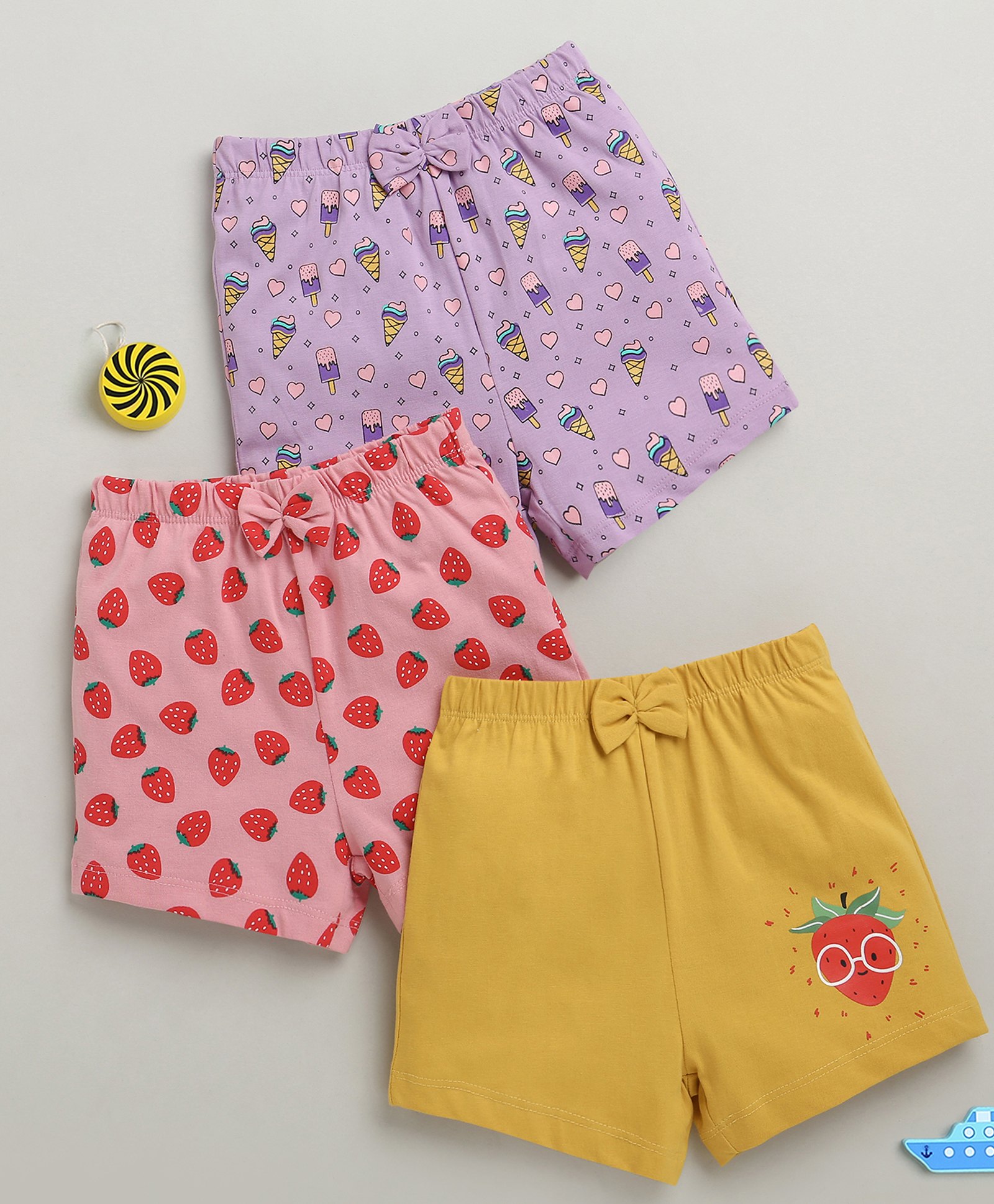 BUMZEE Cotton Knit Above Knee Length Ice Cream & Strawberry Printed Shorts With Bow Applique Pack of 3 - Yellow Pink & Lavender-picture-31