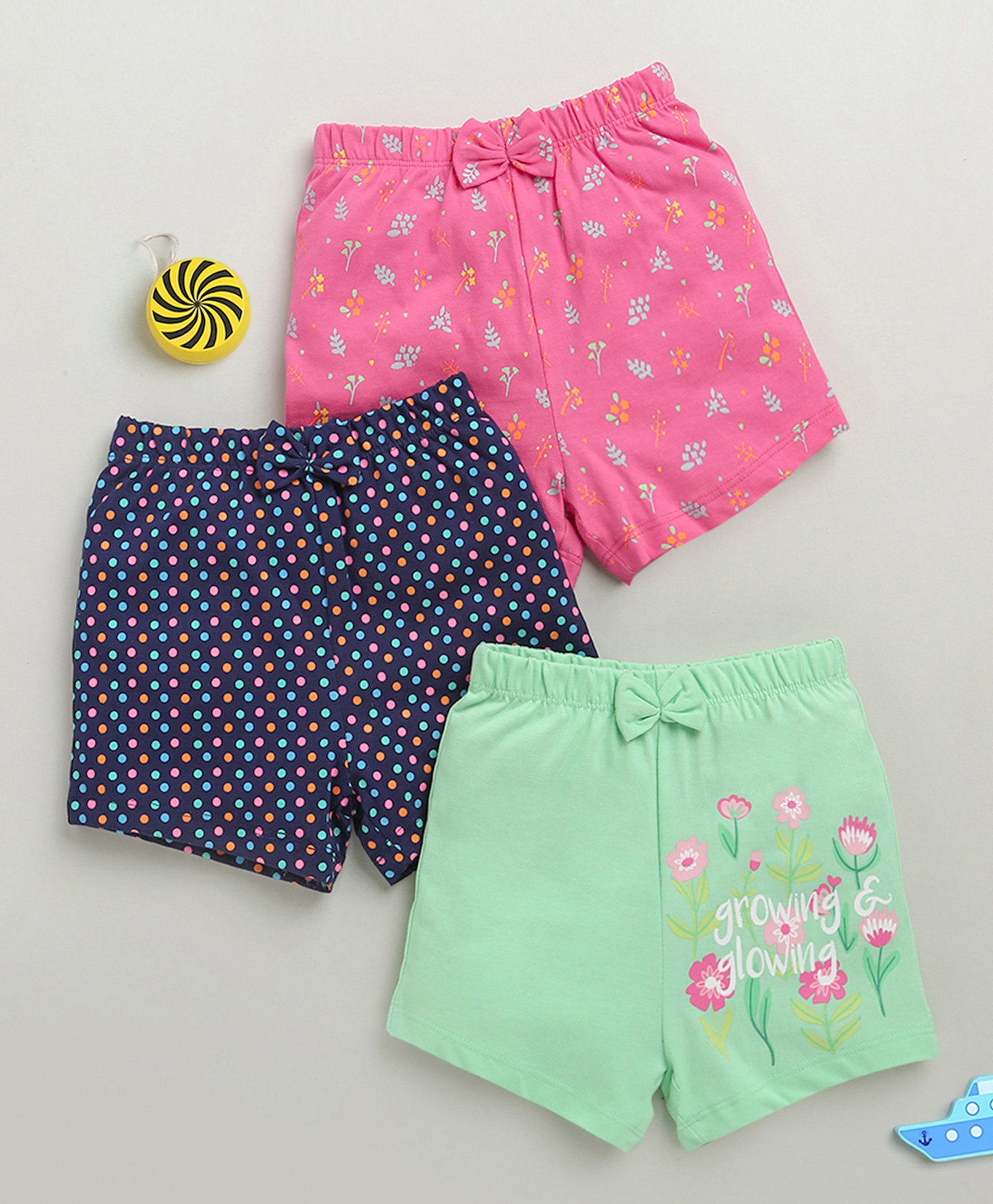 BUMZEE Cotton Knit Above Knee Length Polka Dots & Floral Printed Shorts With Bow Applique Pack of 3 - Navy Blue Pink & Mint Green-picture-21