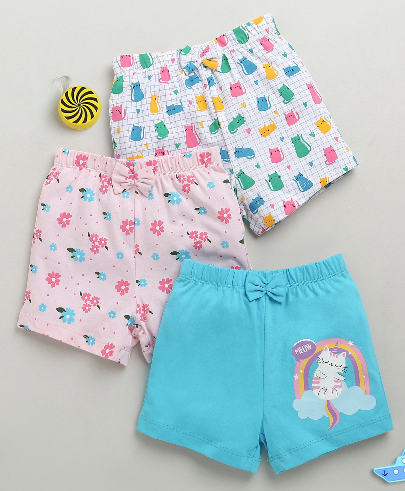 BUMZEE Cotton Knit Above Knee Length Floral & Cat Printed Shorts With Bow Applique Pack of 3 - Baby Pink White & Light Blue-picture-17