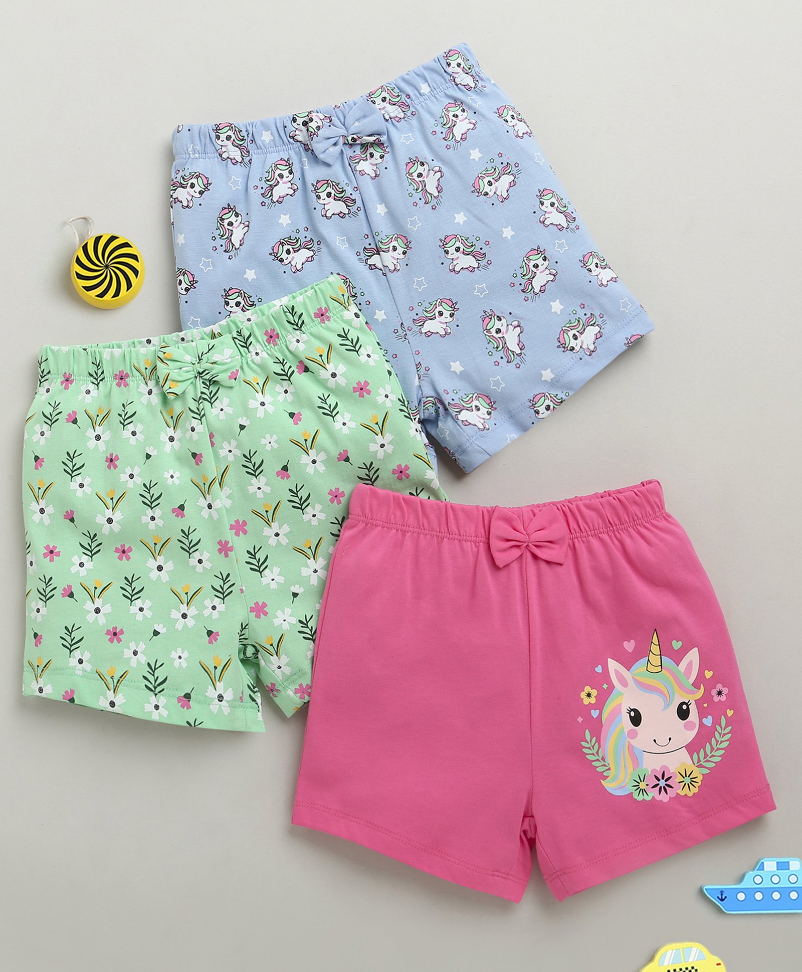 BUMZEE Cotton Knit Above Knee Length Floral & Unicorn Printed Shorts With Bow Applique Pack of 3 - Green Blue & Pink-picture-18