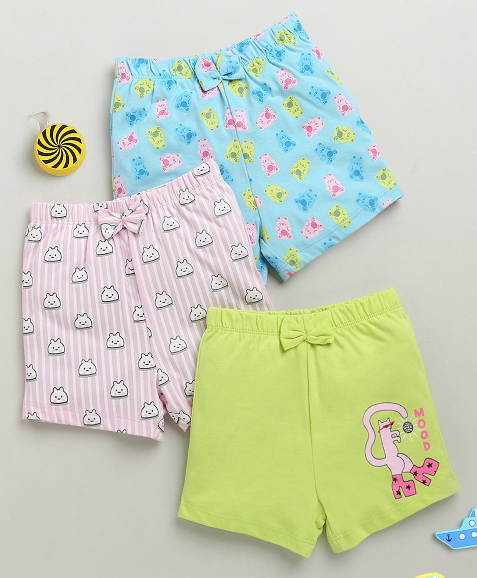 BUMZEE Cotton Knit Above Knee Length Teddy & Cat Printed Shorts With Bow Applique Pack of 3 - Lavender Light Blue & Light Green-picture-32
