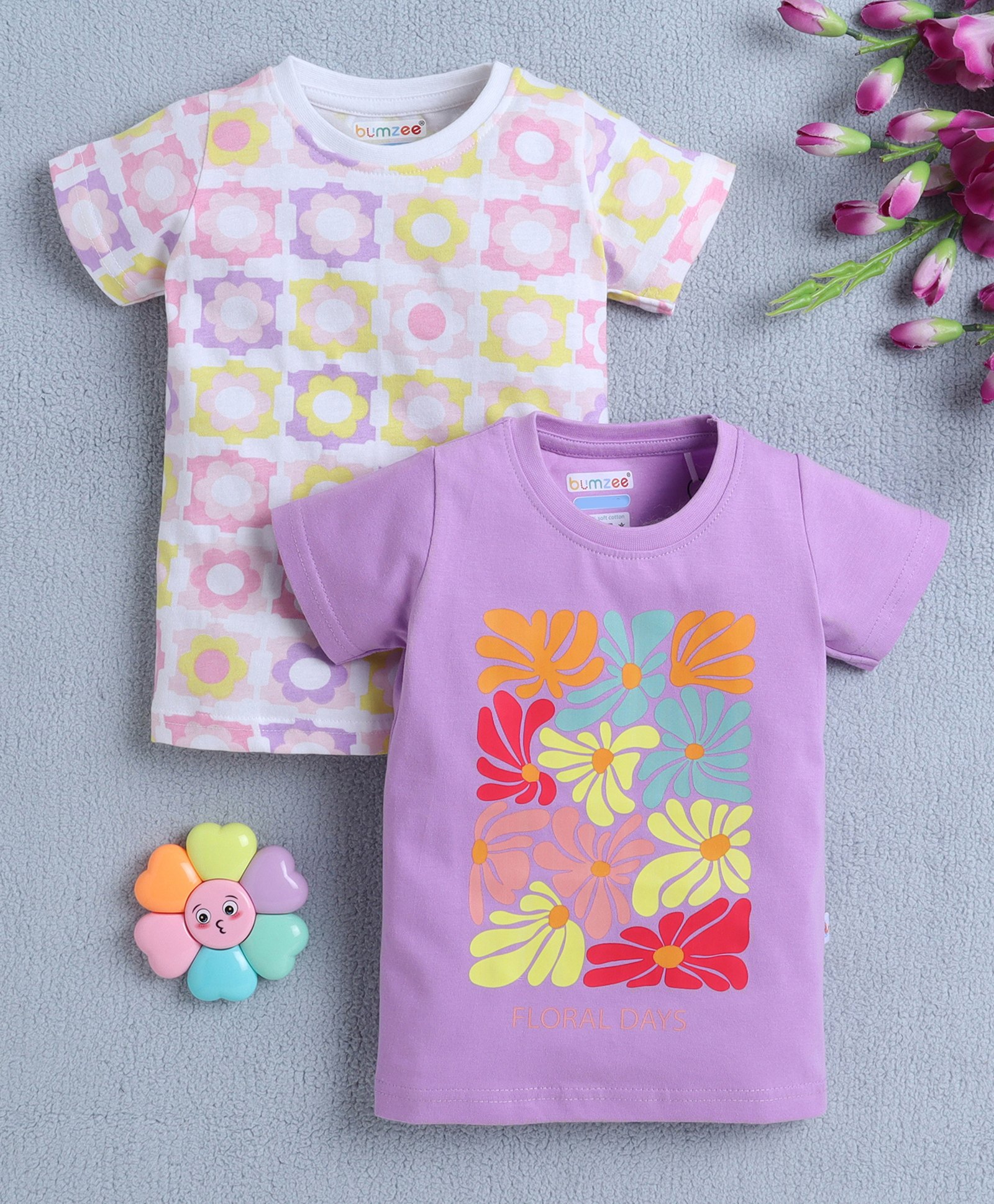 BUMZEE Cotton Knit Half Sleeves T-Shirts with Floral Print Pack of 2 - Lavender-picture-20