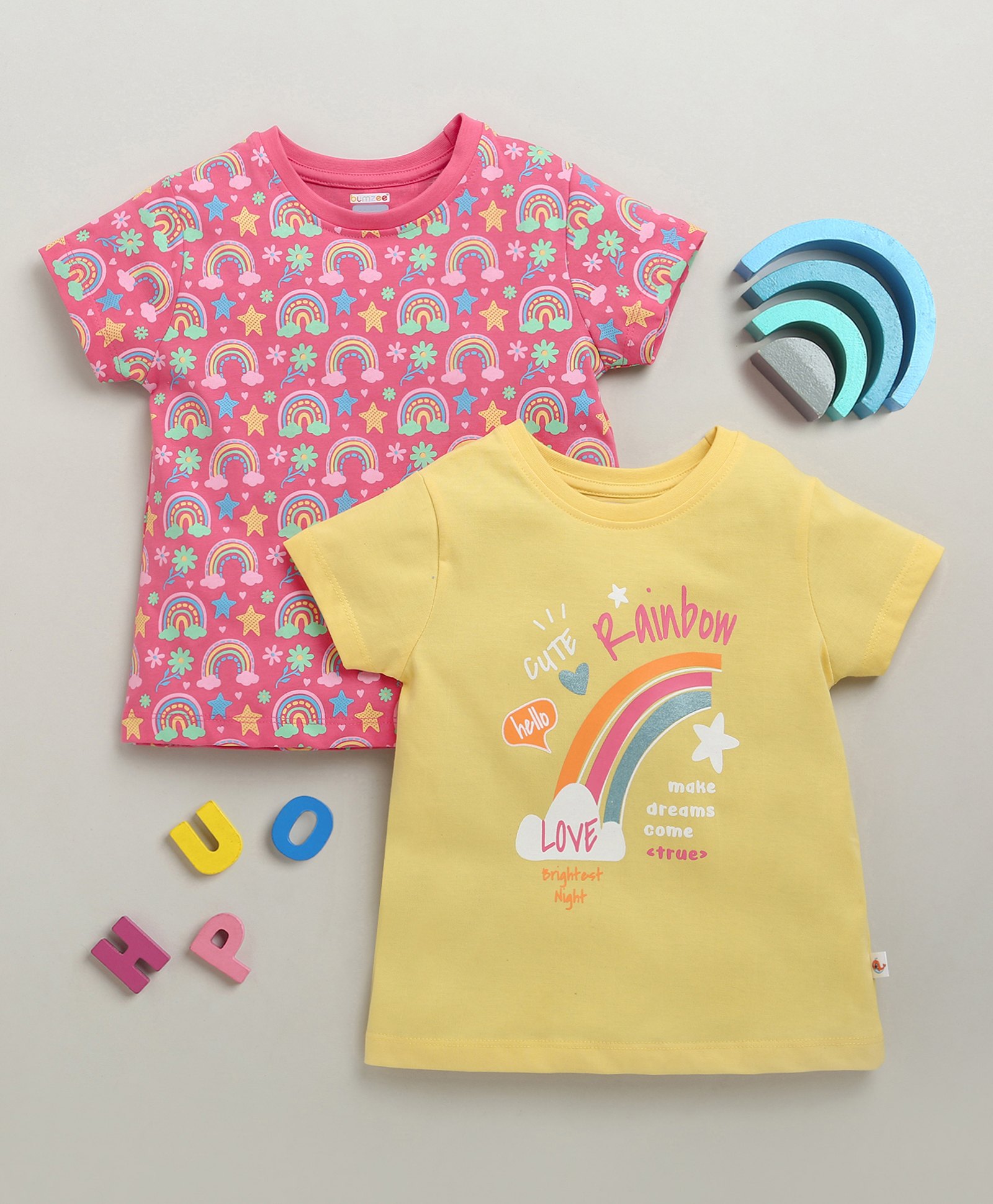 BUMZEE Cotton Knit Half Sleeves T-Shirts with Rainbow Print Pack of 2 - Yellow & Pink-image-46
