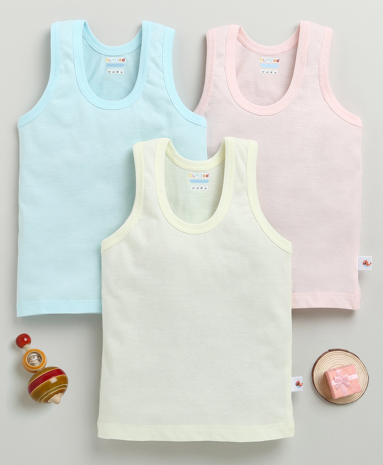 BUMZEE Cotton Knit Sleeveless Solid Colour Vests Pack Of 3 - Light Yellow Light Pink & Light Blue-image-13