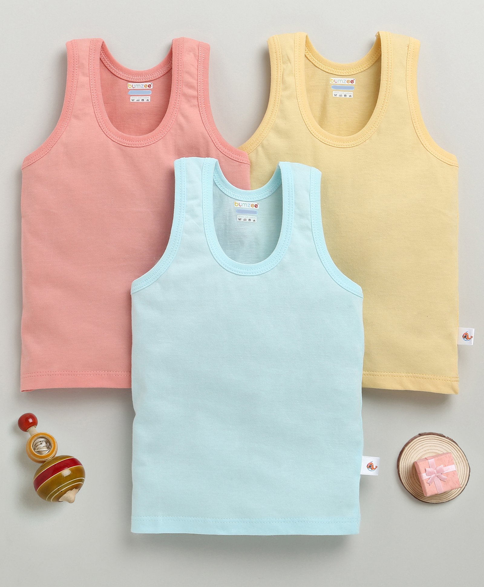BUMZEE Cotton Knit Sleeveless Solid Colour Vests Pack Of 3 - Coral Light Blue & Khaki-image-33