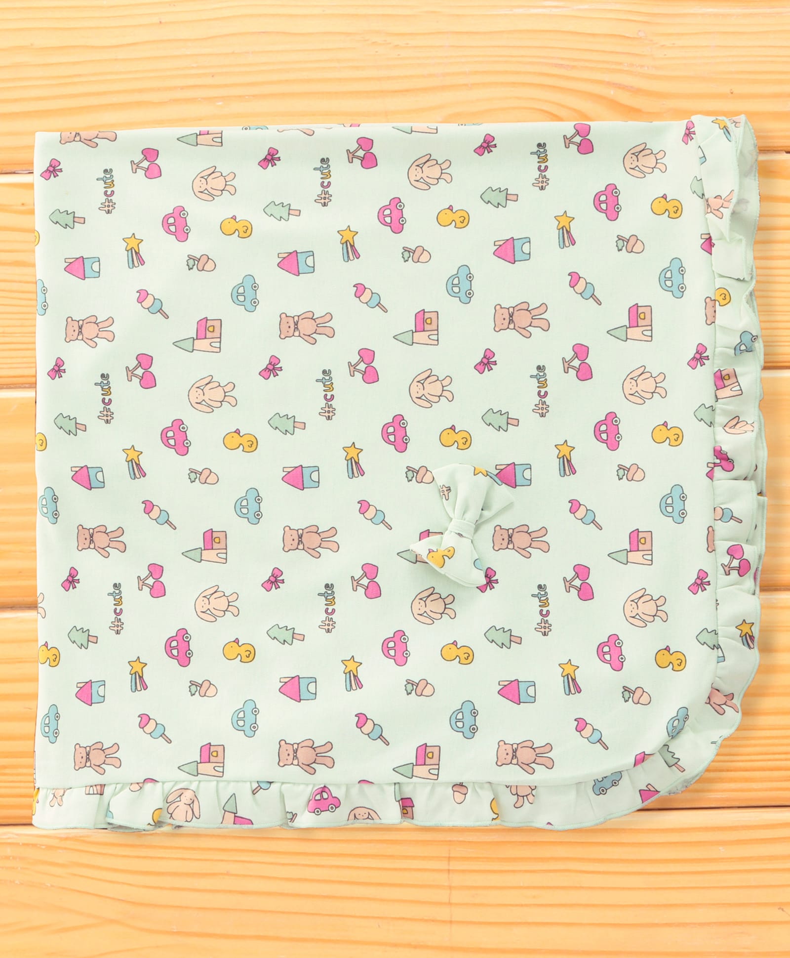 CUCUMBER Interlock Knit Towel With Cartoons Print & Bow Applique L 80.5 x B 80 cm - Light Green-picture-41