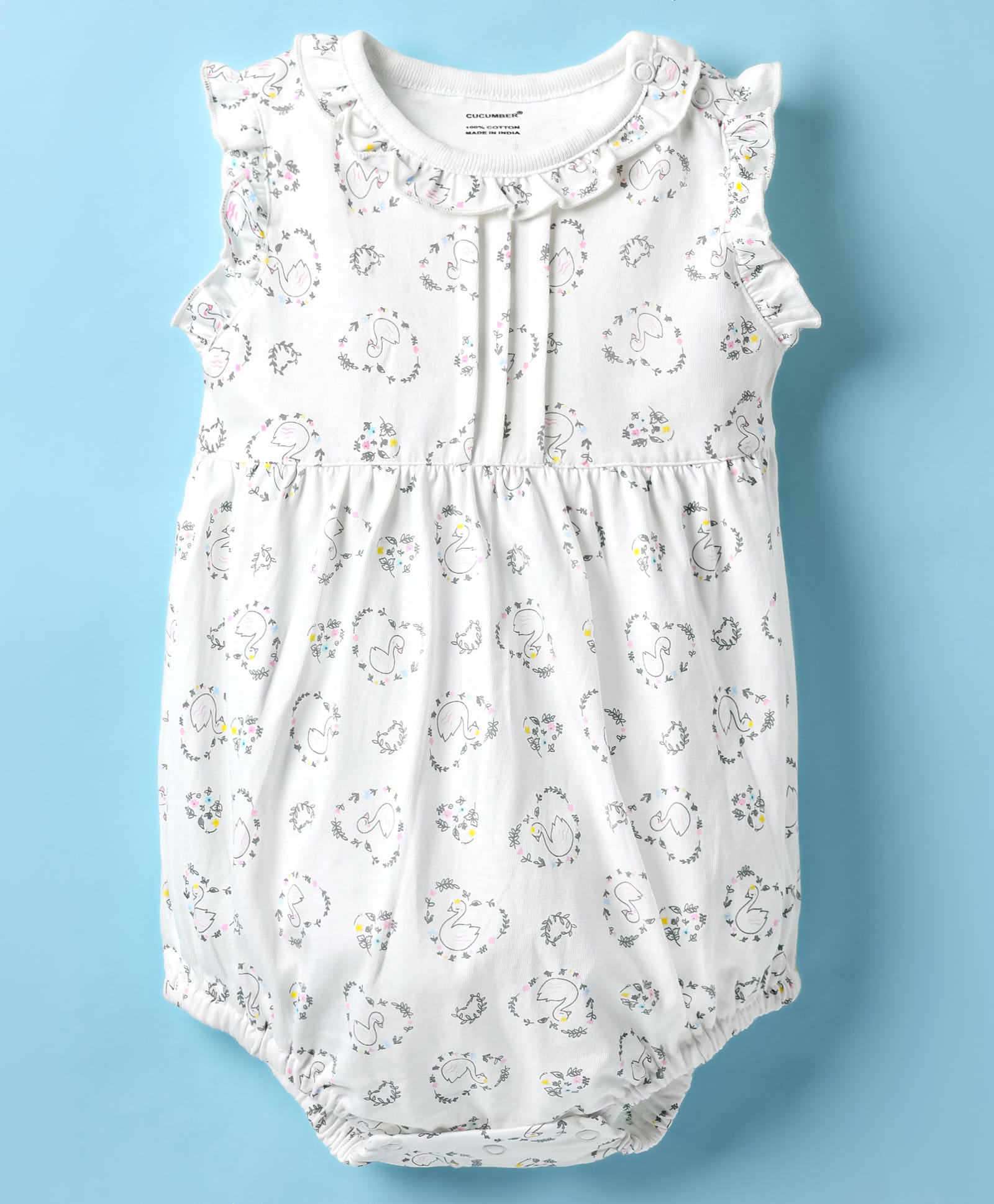 CUCUMBER Sinker Knit Frill Sleeves Onesie With Swan & Floral Print - White-picture-11