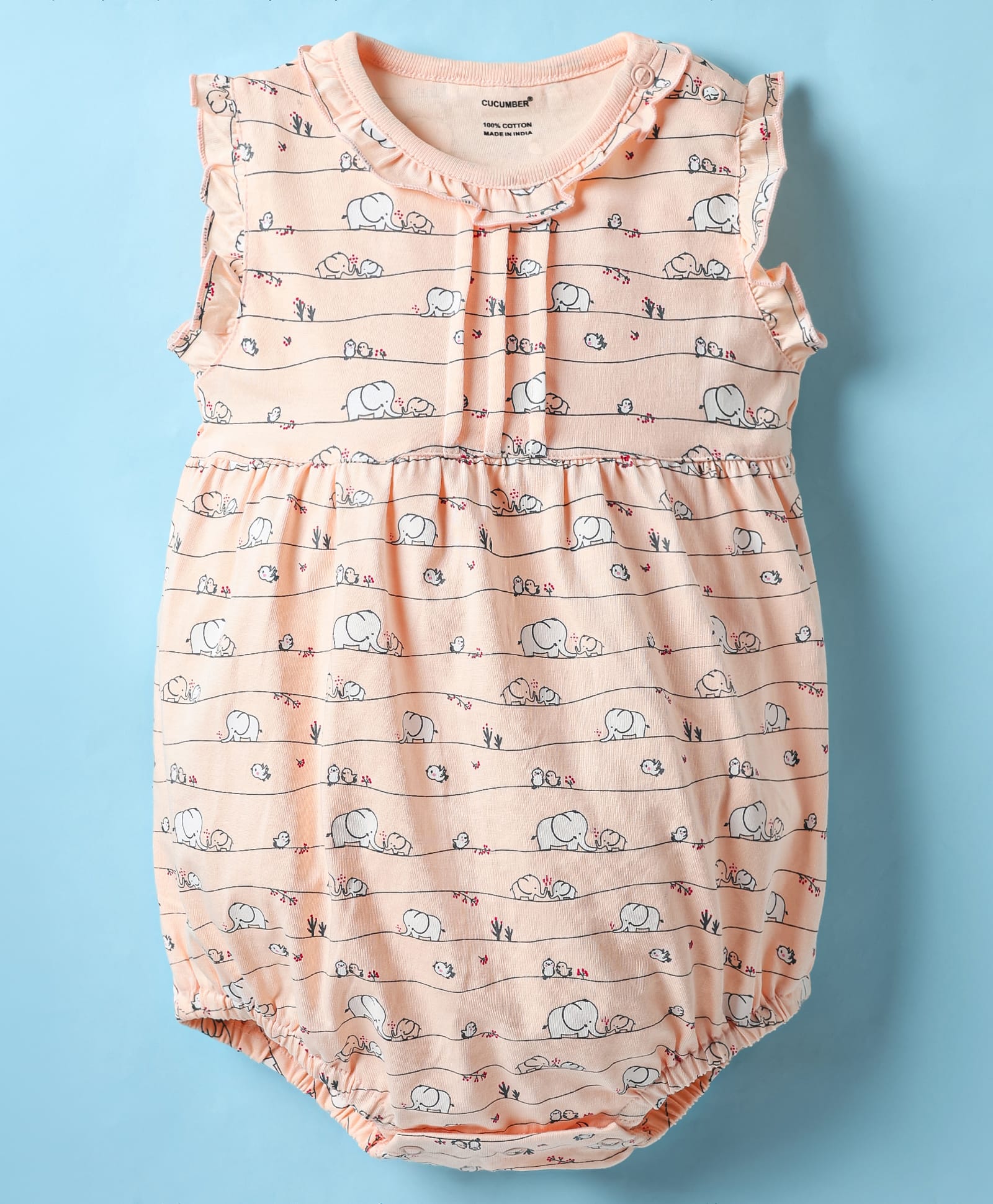 CUCUMBER Sinker Knit Frill Sleeves Onesie With Elephant Print - Peach-picture-33