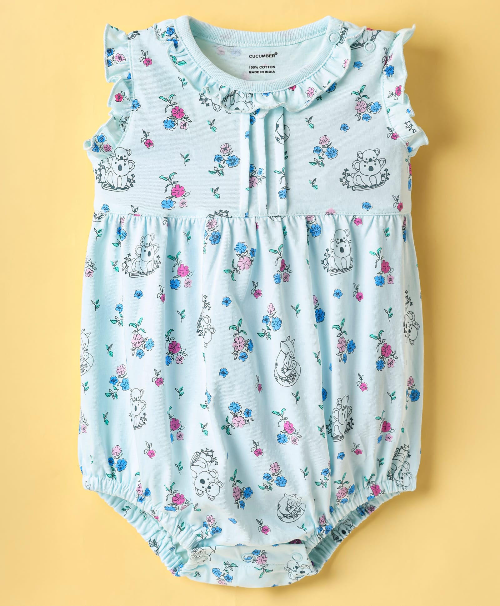 CUCUMBER Sinker Knit Frill Sleeves Onesie With Koala & Floral Print - Light Blue-image-40