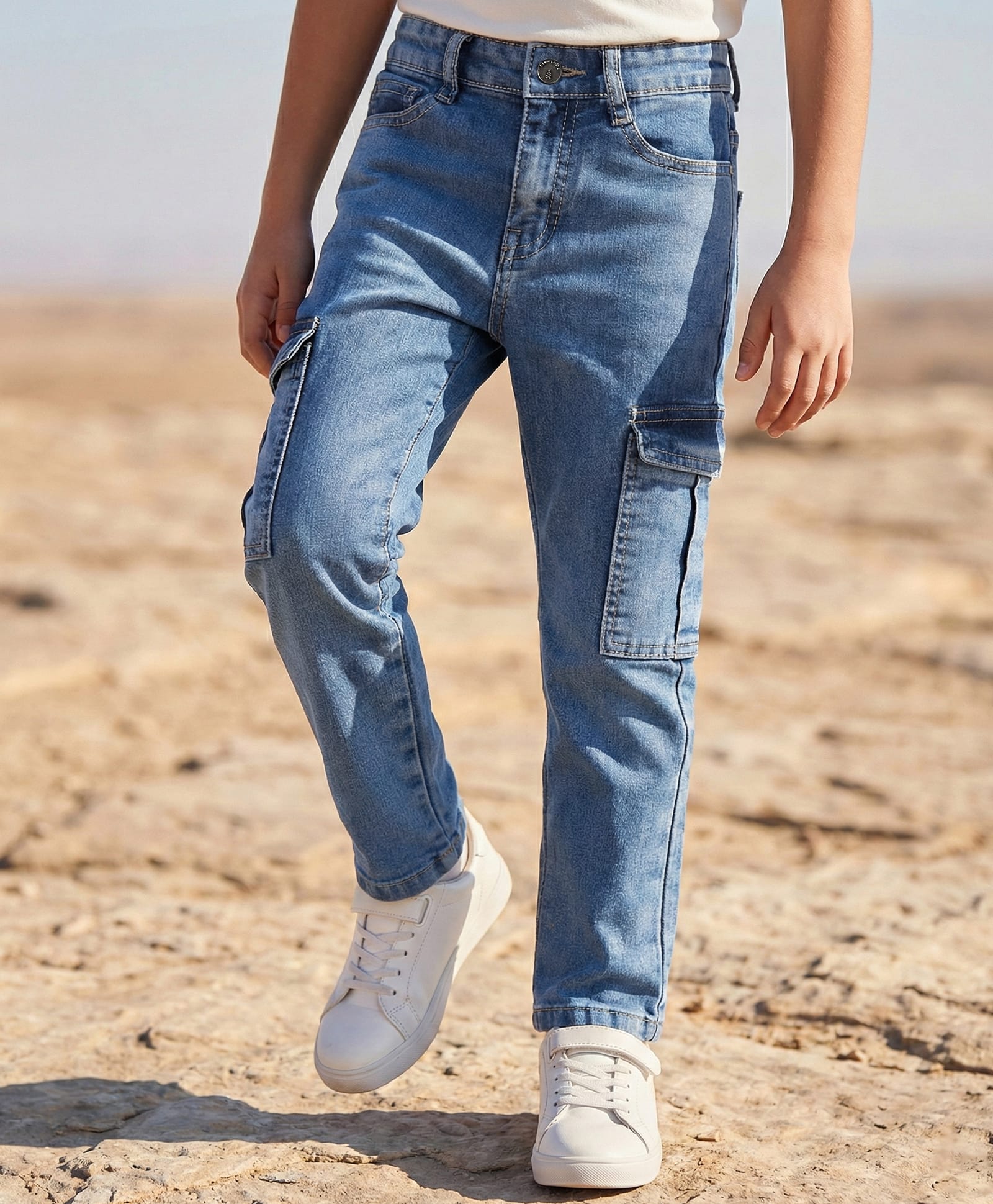 Pine Kids Denim Woven Full Length Washed Jeans With Cargo Pockets - Blue-picture-25