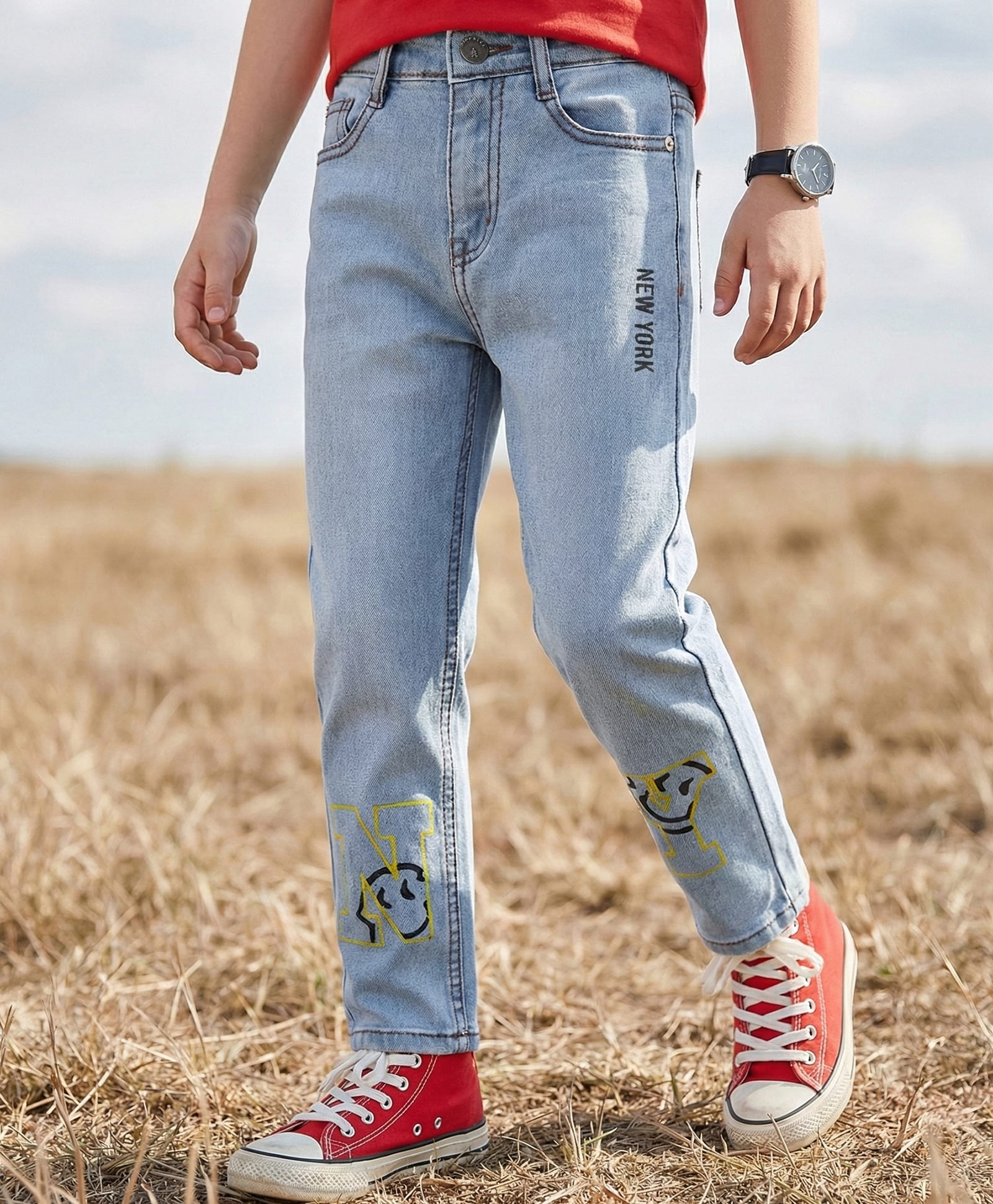 Pine Kids Woven Full Length Washed Denim Jeans With New York Print - Light Blue-picture-28