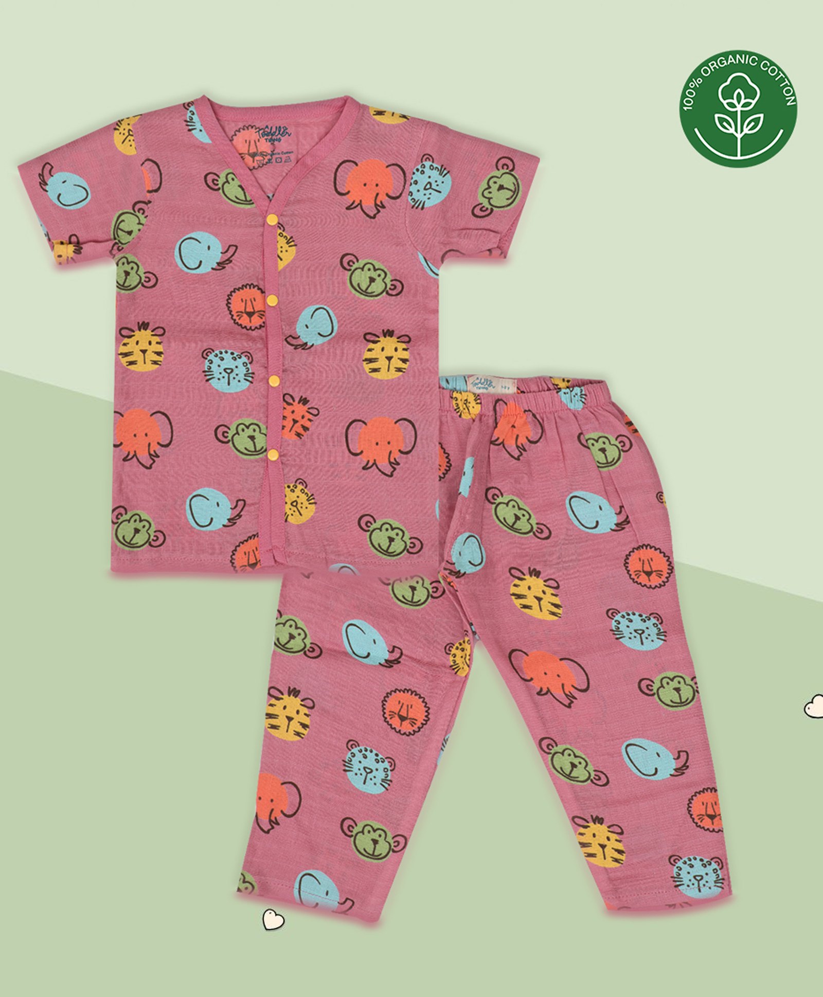 A Toddler Thing 100% Organic Muslin Cotton Woven Half Sleeves Baby Animals Printed Coordinating Shirt & Pajama Set - Pink-picture-27