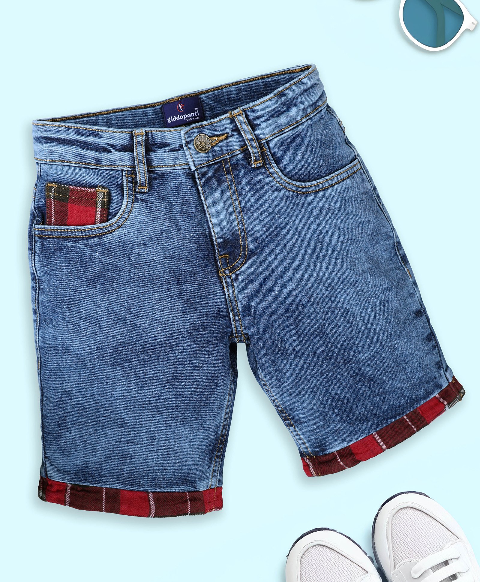 Kiddopanti Denim Mild Washed & Checked Hem Shorts - Blue-picture-15