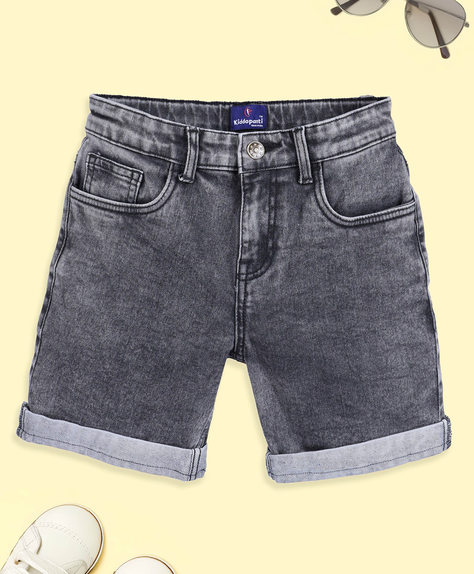 Kiddopanti Denim Mild Washed Shorts - Black-picture-28