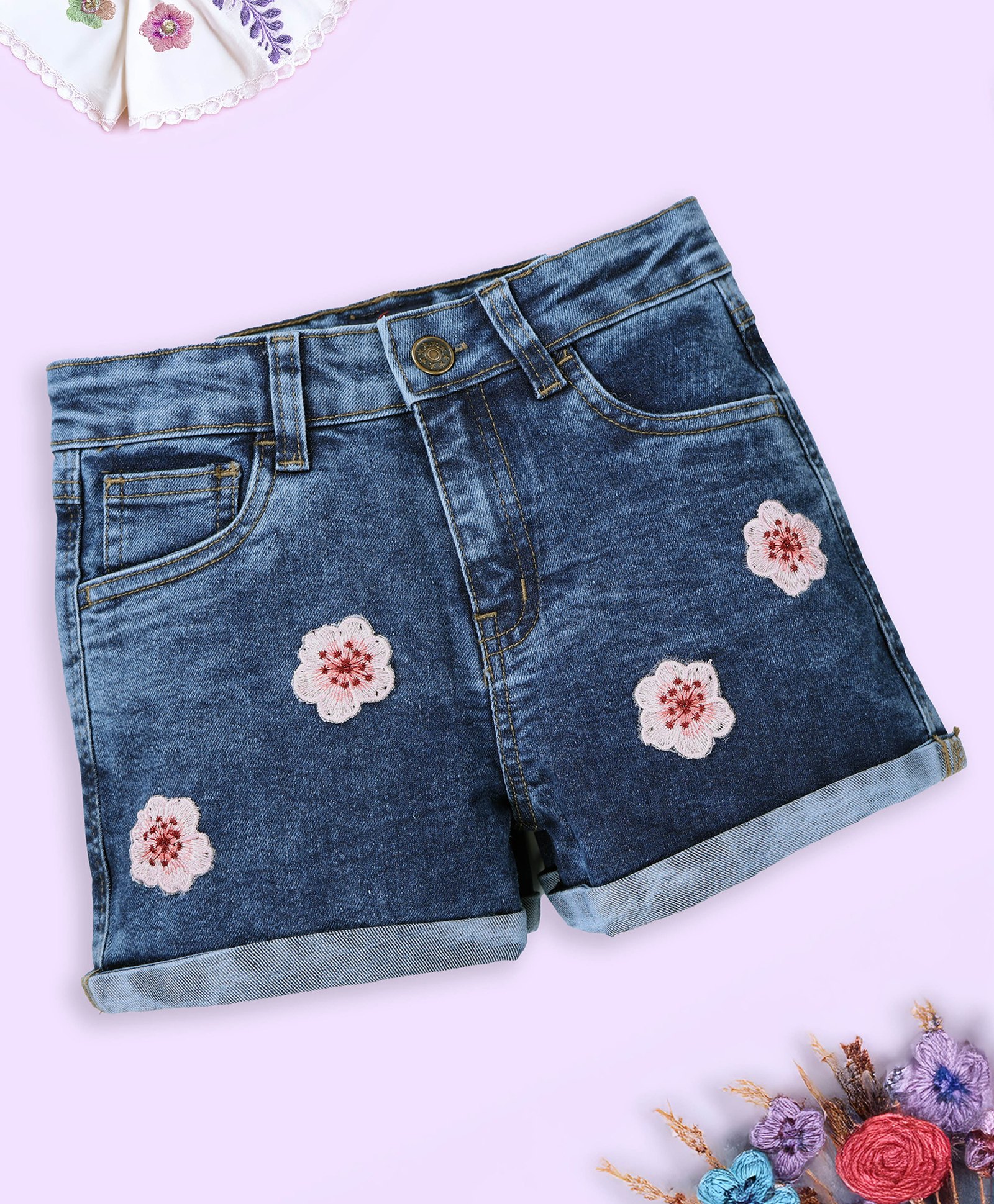 Kiddopanti Denim Mild Washed & Floral Applique Detailed Shorts - Blue-picture-21