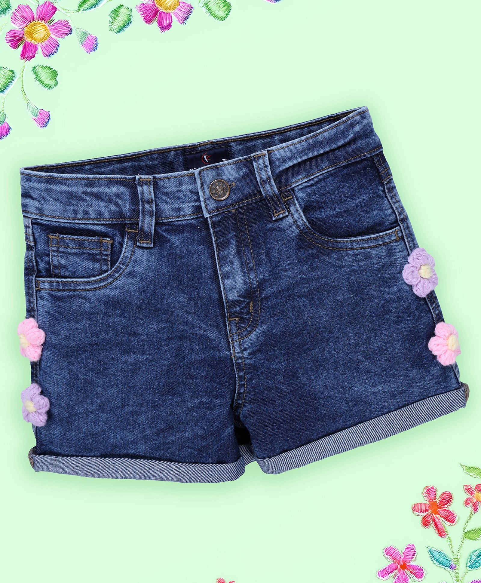 Kiddopanti Denim Mild Washed & Floral 3D Crochet Applique Detailed Shorts - Blue-picture-24