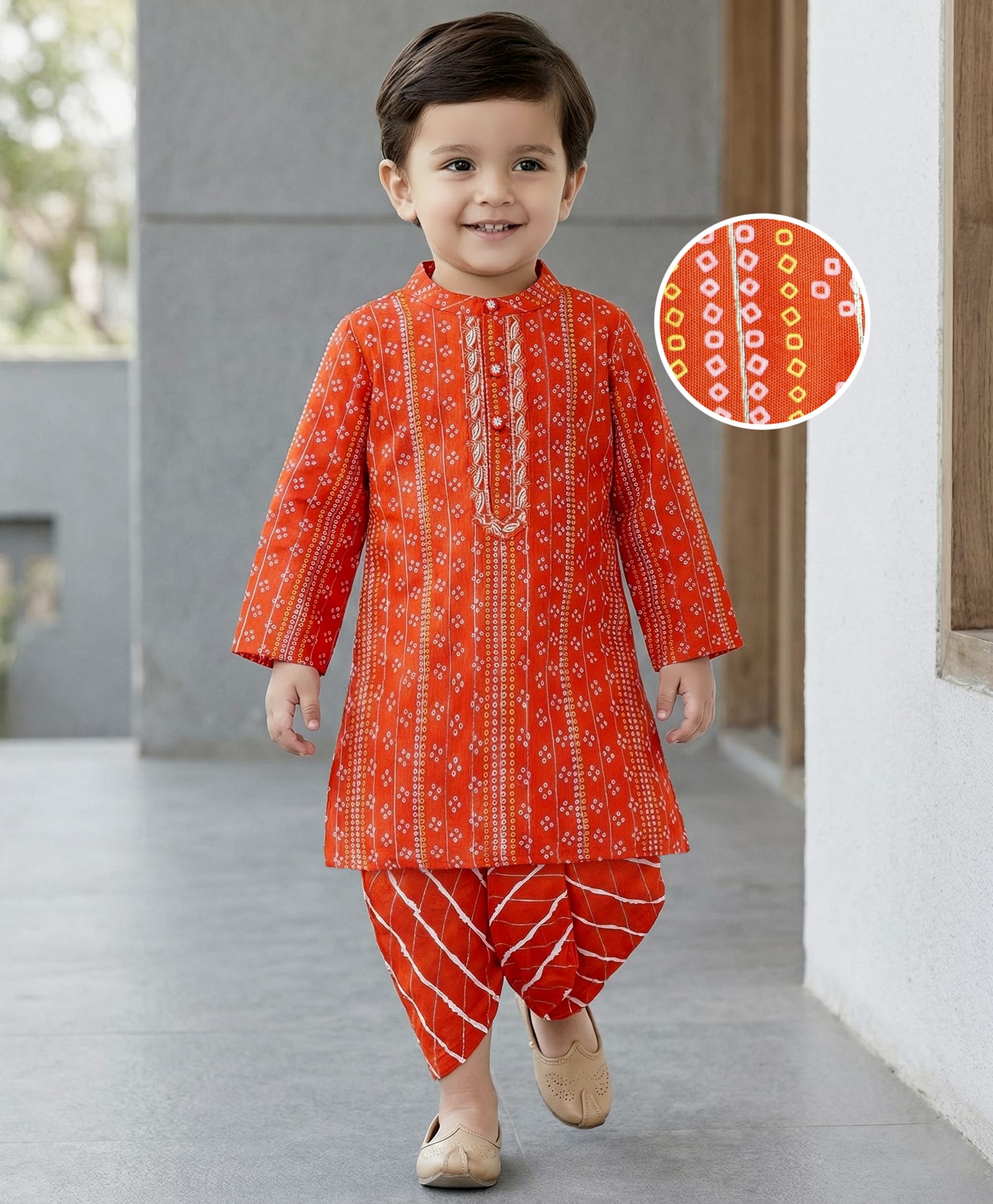 Babyhug Woven Full Sleeves Kurta Dhoti Set With Bandhani Print & Lace Detailing - Coral-image-13