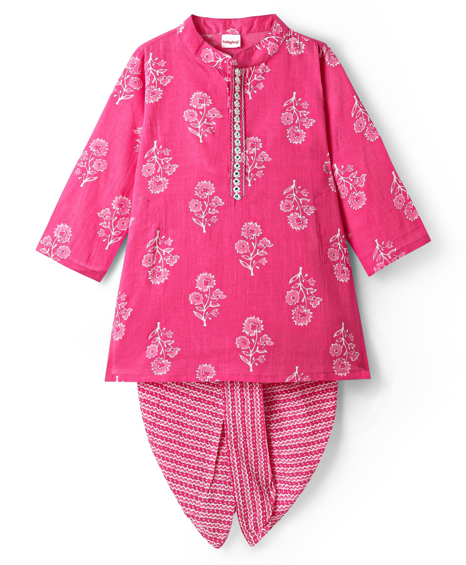 Babyhug Cotton Woven Full Sleeves Kurta Dhoti Set With Floral Print - Pink-image-33