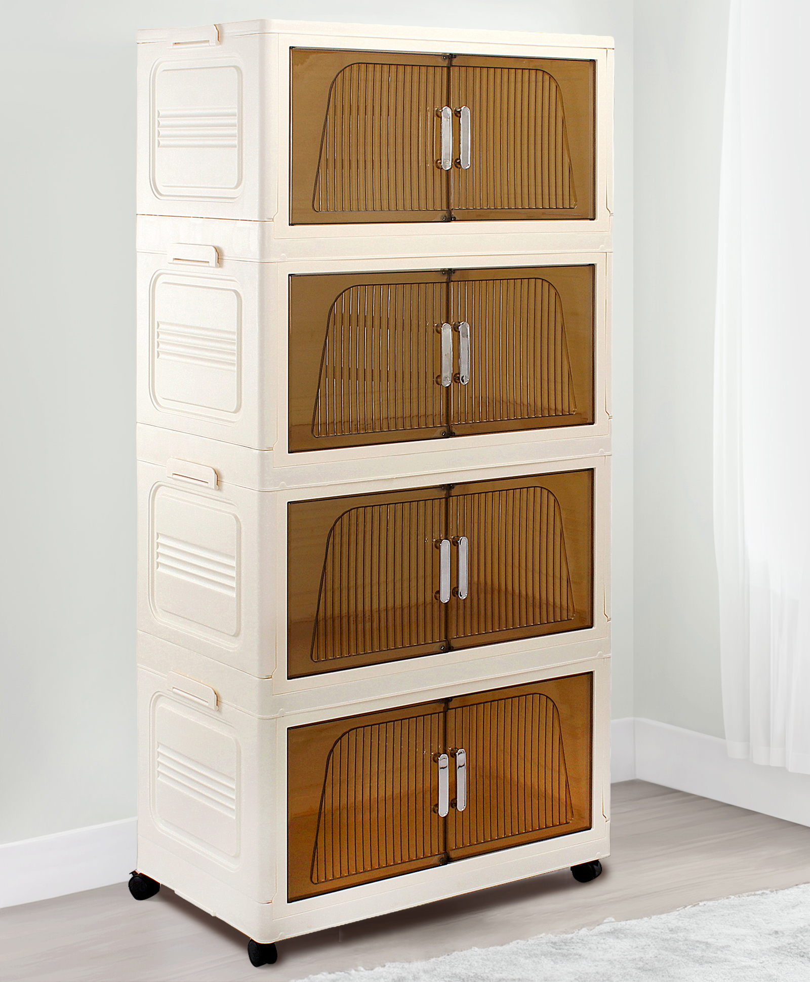 4 Layer High Density Plastic Movable Storage Cabinet for Kids & Adults Transparent Doors & Lockable Wheels -Beige| Multipurpose and Versatile Organizer| Durable & Spacious - Beige-image-45