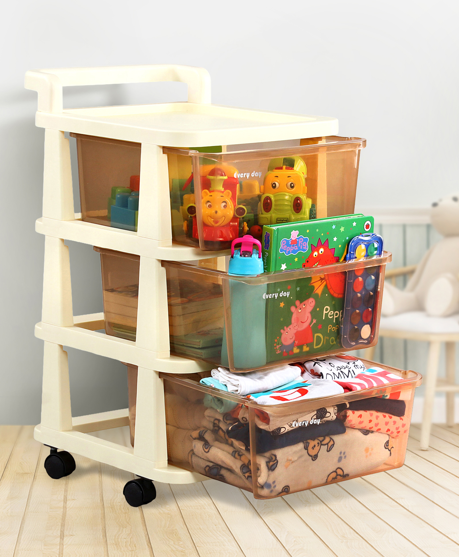 fab n funky 3 Layer High Density Plastic Movable Storage Cabinet for Kids & Adults with Lockable Wheels - Beige| Multipurpose and Versatile Organizer Ideal for Kids, Home or Office Essentials-picture-23