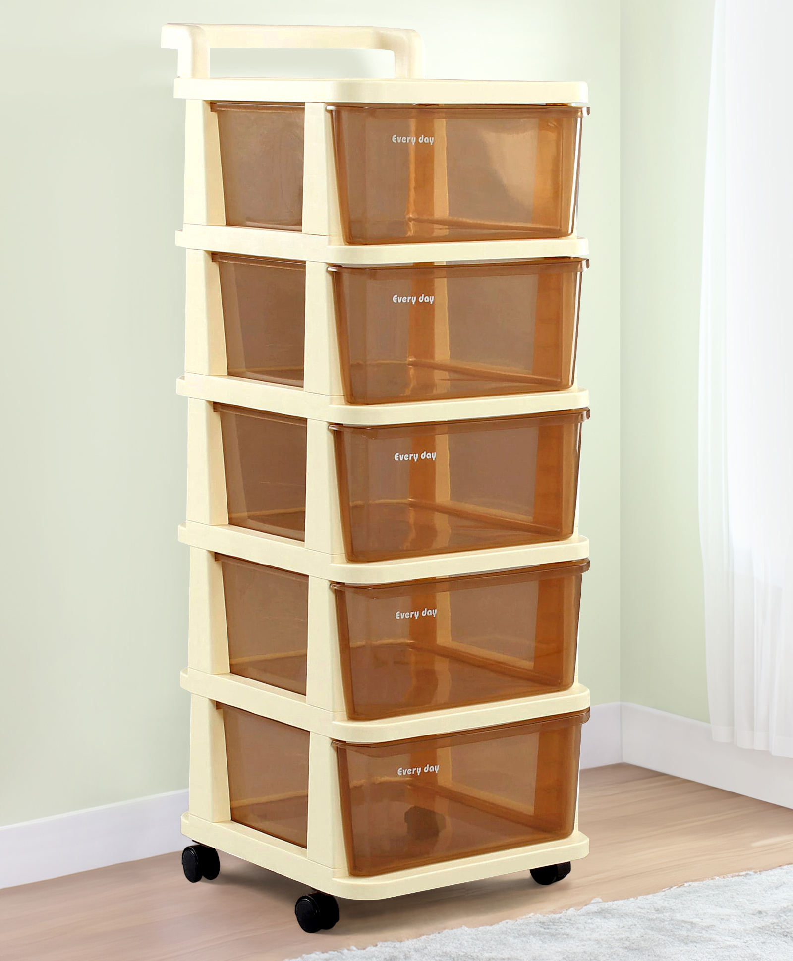 fab n funky 5 Layer High Density Plastic Movable Storage Cabinet for Kids & Adults with Lockable Wheels | Multipurpose and Versatile Organizer Ideal for Kids, Home or Office Essentials - Beige-picture-24