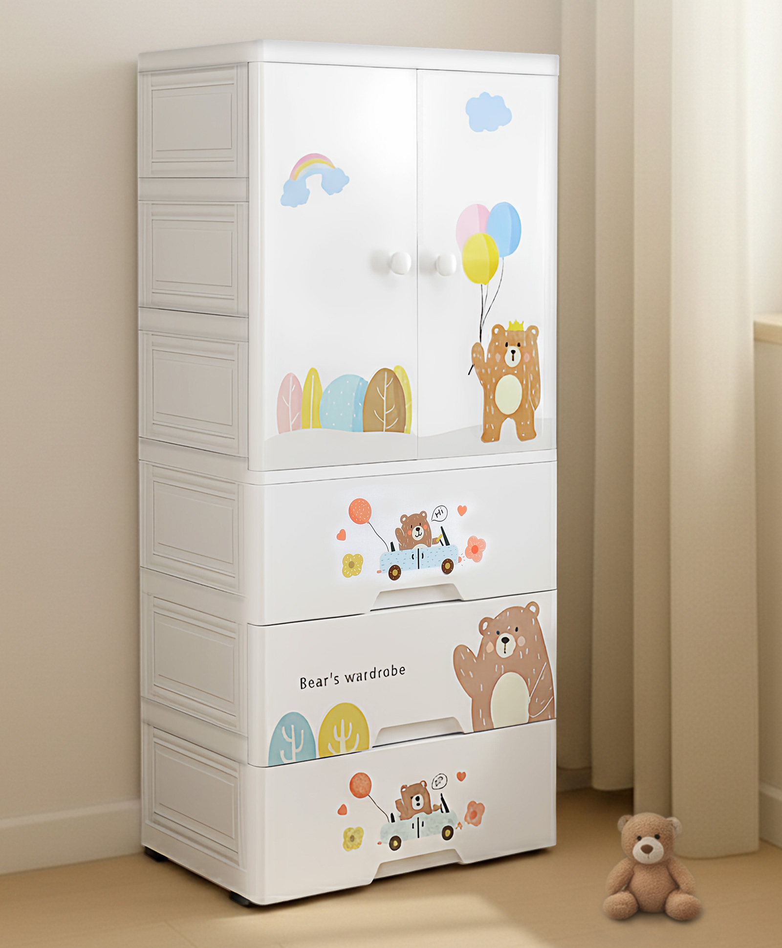 4 Layer High Density Plastic Storage Cabinet Bear & Balloon| Storage Organizer| Smooth Wheels| Easy Access Draws| Easy Maintenance| Easy Assembly| Cloths Toys & Book Organizer - White