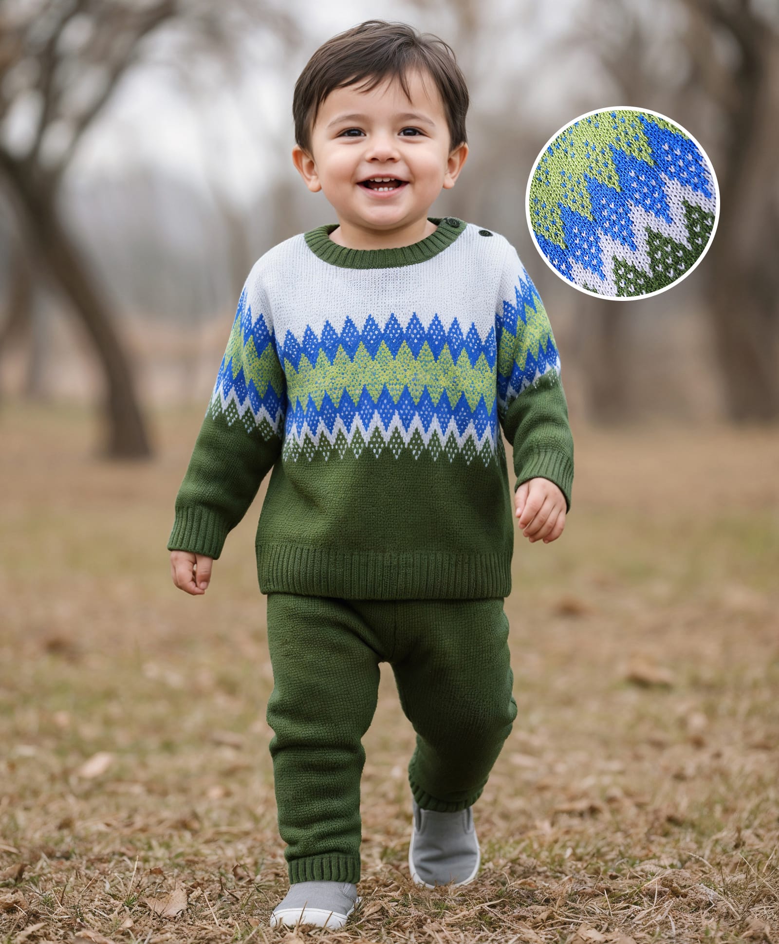 Babyhug Knitted Full Sleeves Sweater Set With Chevron Design - Olive Green & Blue-image-17